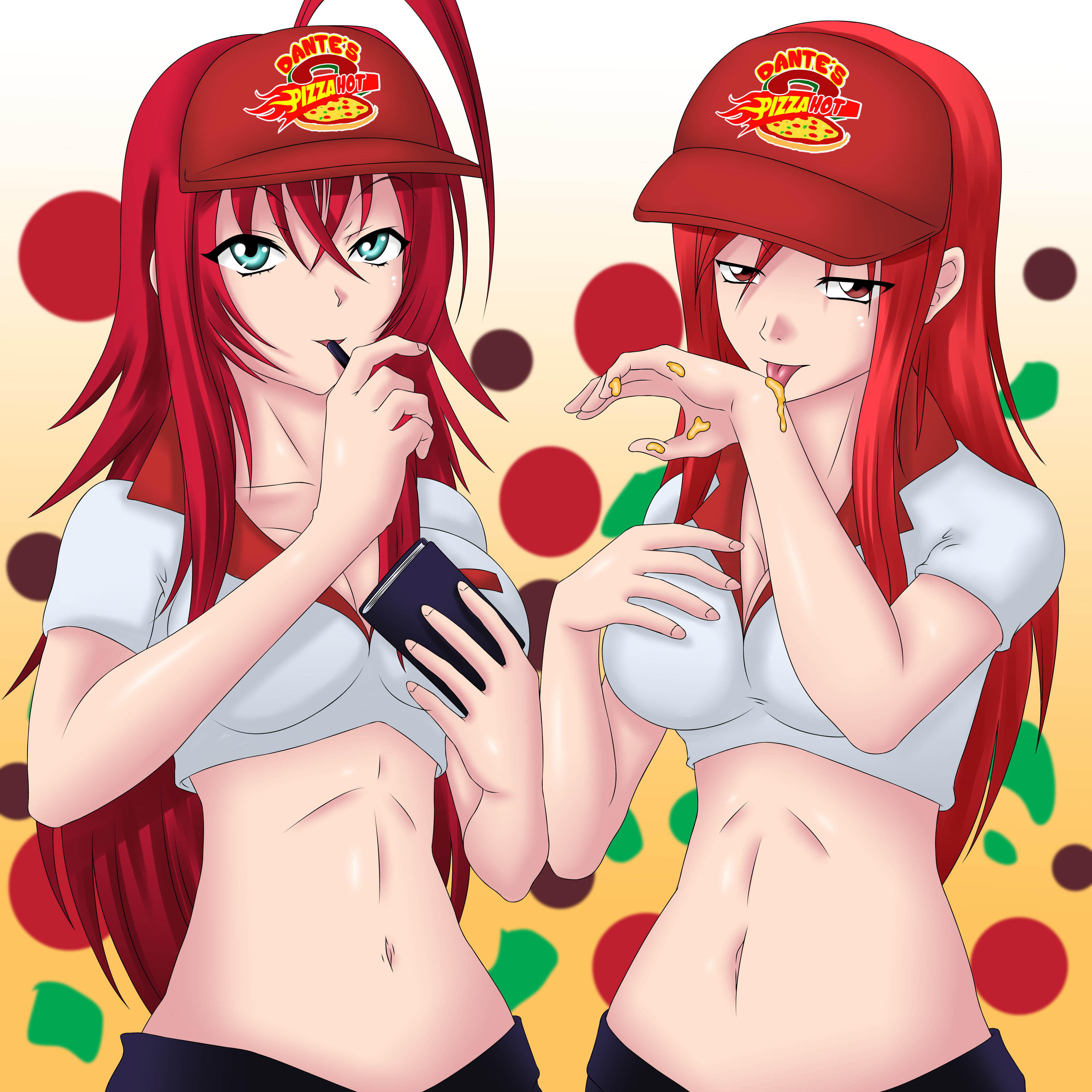 2girls, big breasts, bleedor, bleedoranimation, breasts, commission, crossover, english text, erza scarlet, fairy tail, female, female only, high school dxd, patreon, pizza, pizza delivery, red hair, red-haired female, rias gremory, tongue, tongue out, trait connection