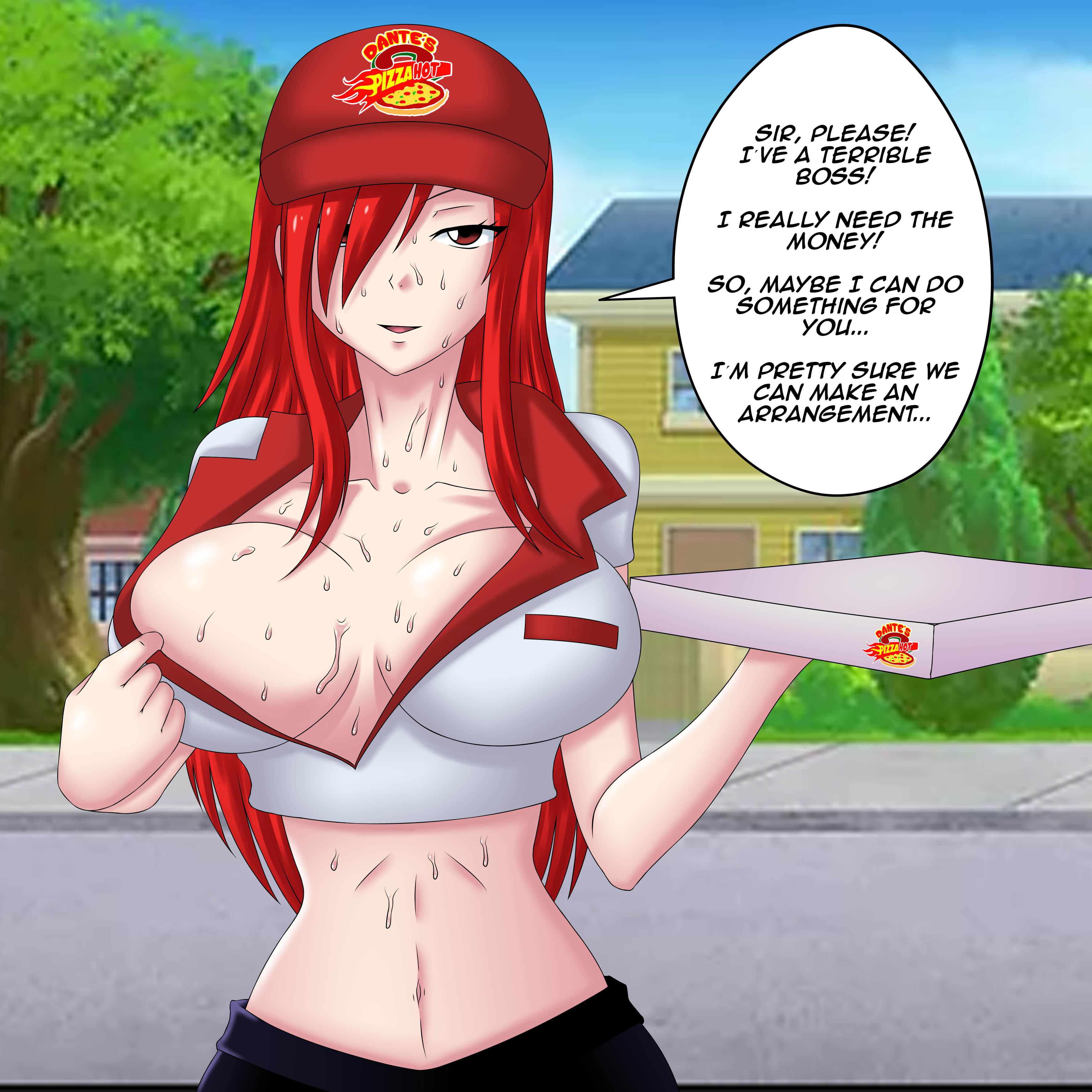 1girls, big breasts, bleedor, bleedoranimation, breasts, commission, english text, erza scarlet, fairy tail, female, female only, human, patreon, pizza, pizza delivery, red hair, solo, text
