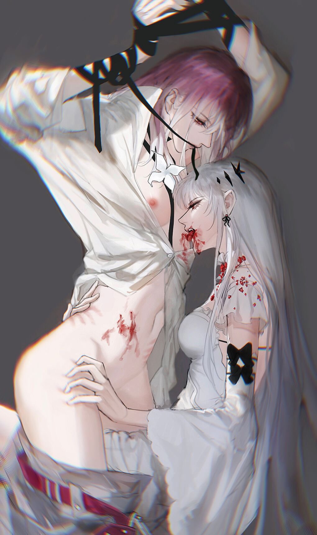 2girls biting biting_leash blood blood_stain coquelic_(path_to_nowhere) exposed_breasts female female_only hate_sex leash_around_arm lesbian_sex licking_blood lllllifine multiple_girls path_to_nowhere purple_hair shalom_(path_to_nowhere) skirt_pull white_hair yuri