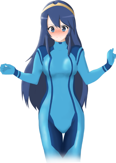 blue_eyes blue_hair blush body_swap bodysuit breasts embarrassed fire_emblem fire_emblem_awakening head_swap looking_down lucina_(fire_emblem) matching_hair/eyes metroid samus_aran_(cosplay) transparent_background unbarred-sin very_long_hair wide_hips zero_suit