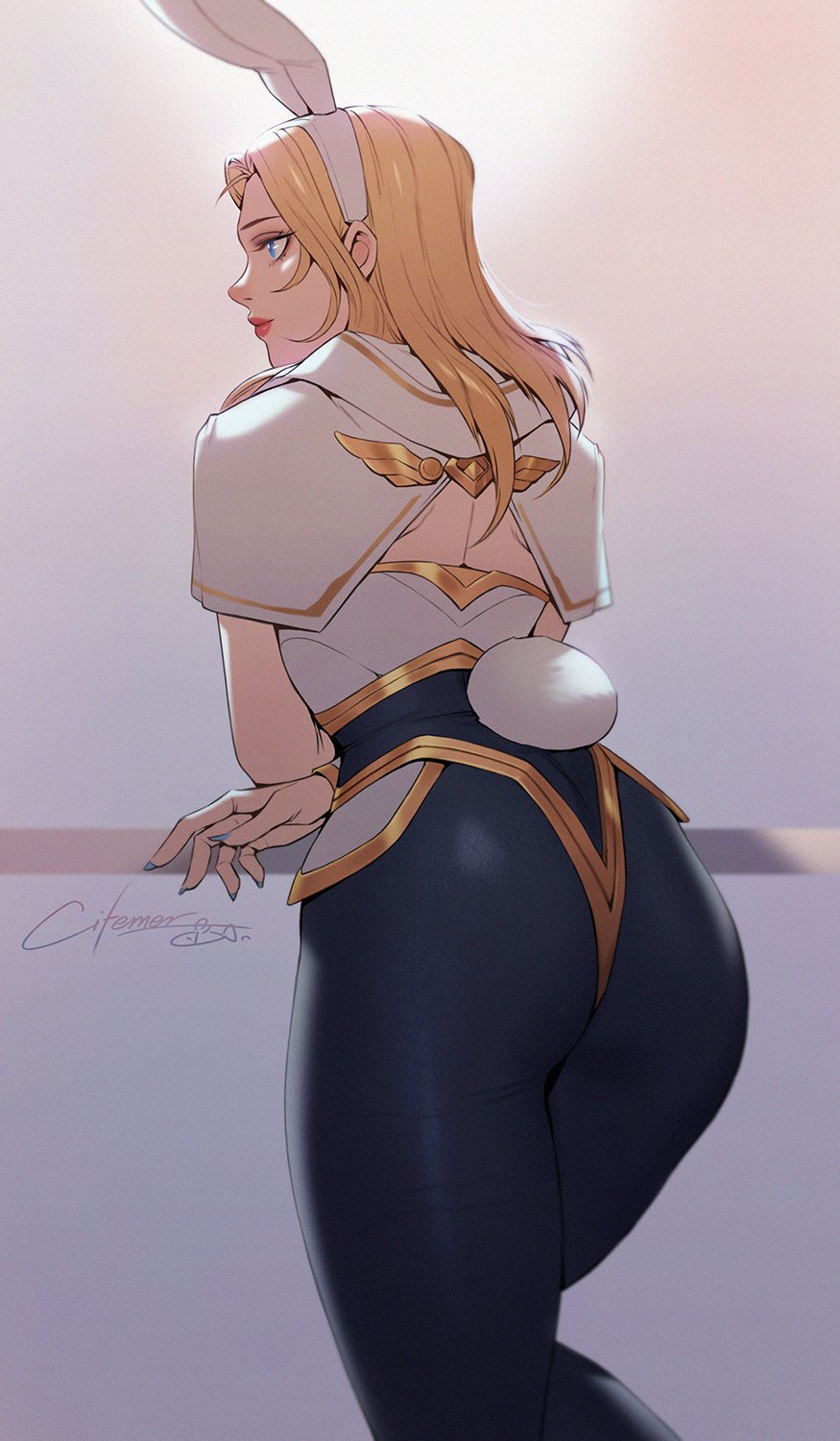 ass, big ass, blonde hair, bunny ears, bunny tail, bunnysuit, citemer, female, huge ass, league of legends, luxanna crownguard, wide hips