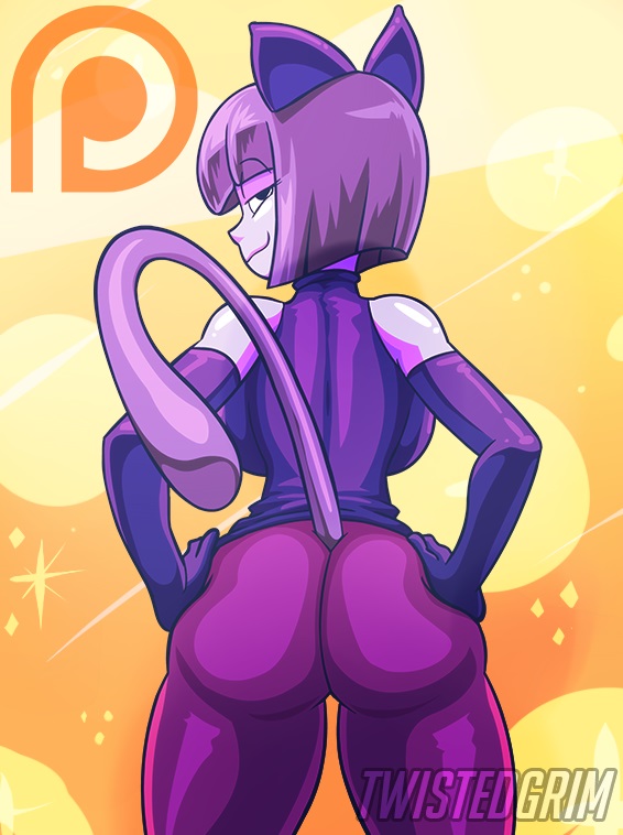 animal ears, animal humanoid, ass, back, back boob, big ass, big breasts, big butt, breasts, cat ears, cat tail, character request, clothed, female, female focus, female only, from behind, fully clothed, hands on ass, hands on hips, large ass, long gloves, looking at viewer, looking back, purple eyes, purple hair, purple skin, seductive, seductive smile, sideboob, skin tight, solo female, squeezing, tail, tight clothing, twistedgrim