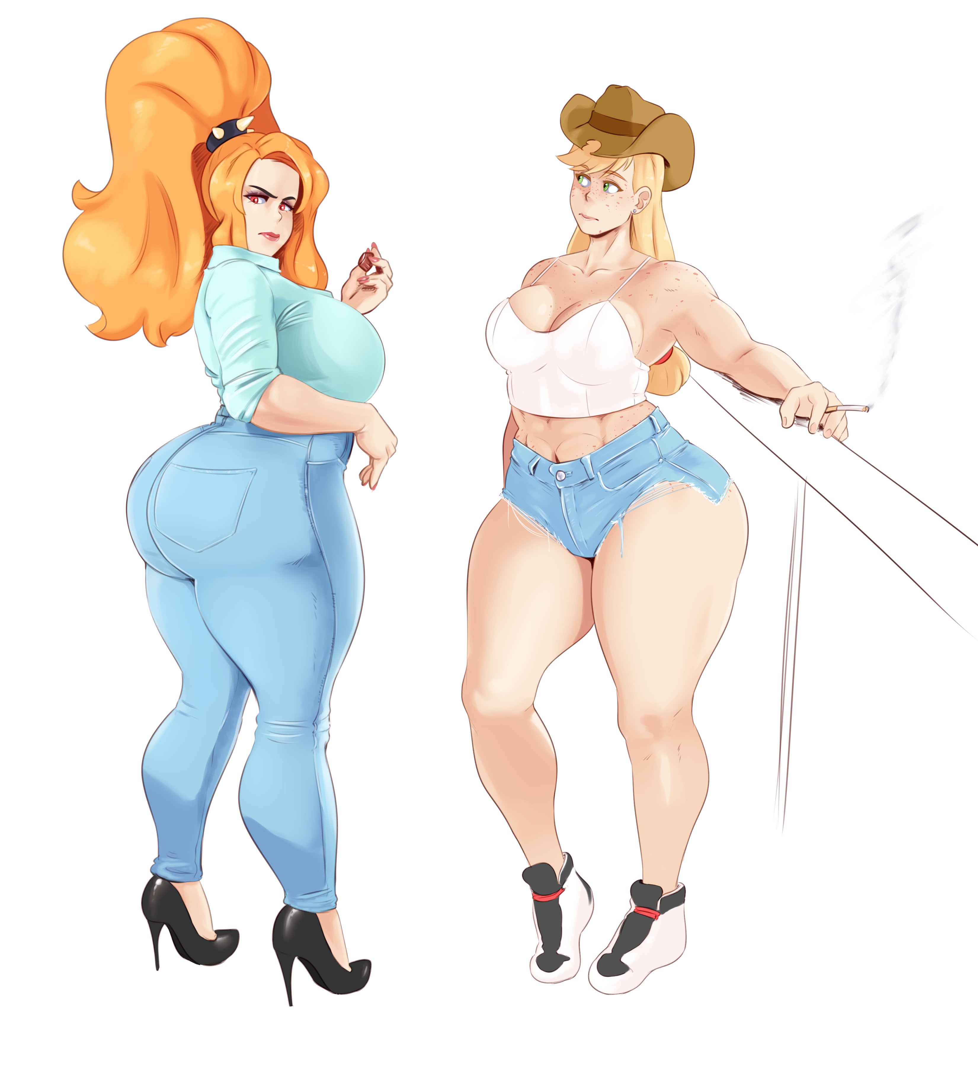 2girls, adagio dazzle, applejack (mlp), ass, big ass, body freckles, breasts, cleavage, curvy, daisy dukes, denim shorts, equestria girls, female, female only, freckles, friendship is magic, hasbro, high heels, hips, huge ass, human, humanized, jeans, large ass, my little pony, pants, shorts, smooth skin, sunnysundown, thick thighs, tight jeans, tight pants, wide hips