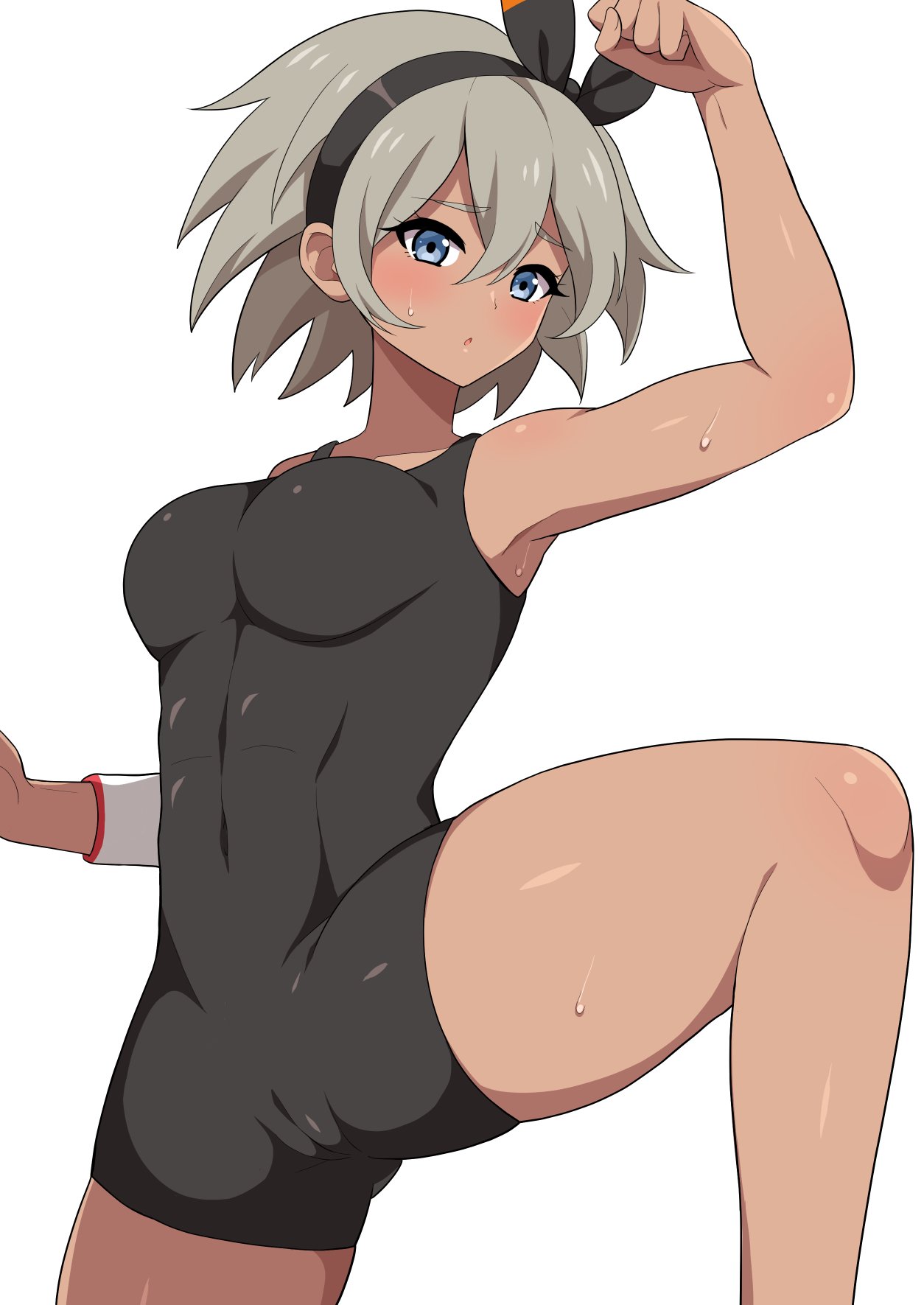 1girls, 2d, abs, action pose, aikome (haikome), armpit, athletic, athletic female, bea (pokemon), blue eyes, blush, breasts, brown skin, brown-skinned female, cameltoe, dark skin, dark-skinned female, eye contact, female, fit, fit female, grey hair, haikome, hairband, human, leg up, leotard, looking at viewer, nintendo, pokemon, pokemon ss, pose, pussy, pussy visible through clothes, short hair, solo, sportswear, tan skin, tan-skinned female, thick thighs, thighs, white background