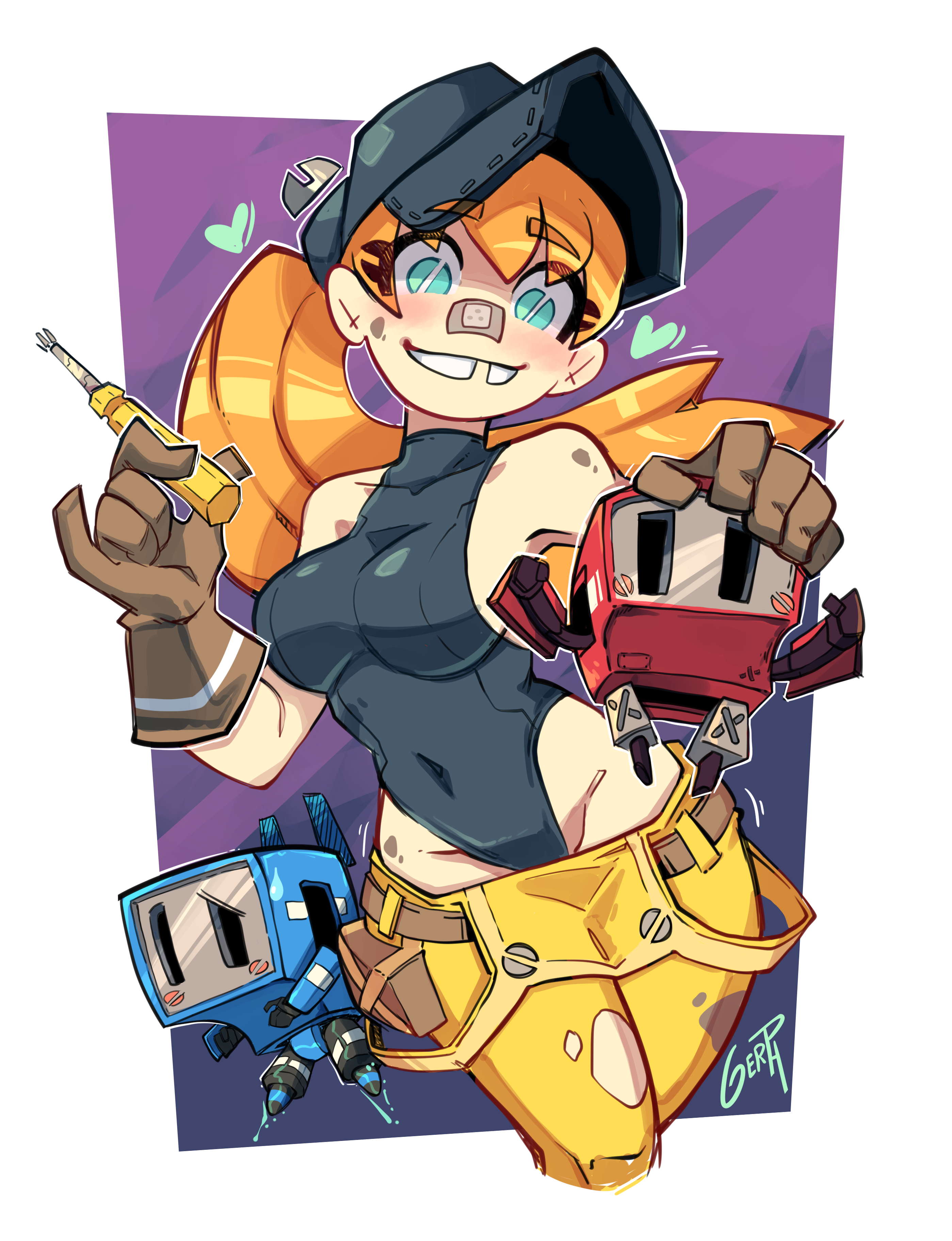1girls, bianca (gerph), breasts, female, female only, gerph, ginger hair, gloves, happy, heart, heart-shaped pupils, hourglass figure, leotard, looking at viewer, one breast out, robot, screwdriver, smile, tagme, thick thighs, torn clothes, torn clothing, undressing