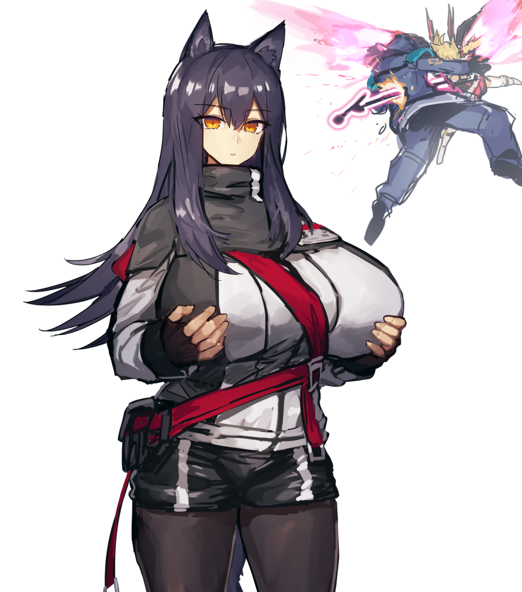 1girls animal_ears arknights big_breasts breasts curvy dark_hair doctor_(arknights) hands_on_breasts huge_breasts leggings long_hair melon22 orange_eyes shorts sora_(arknights) texas_(arknights) thick_thighs thighs top_heavy wolf_ears wolf_girl