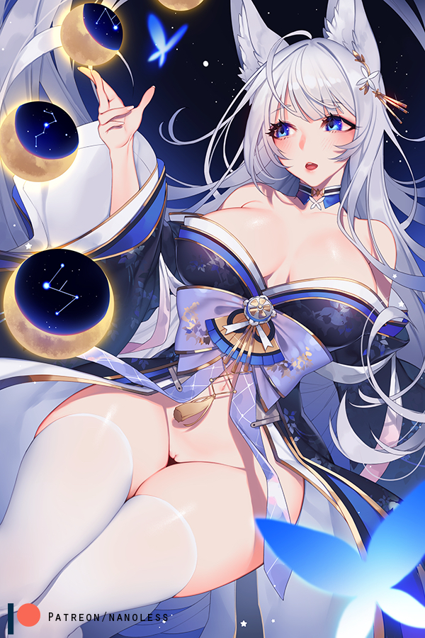 animal_ear_fluff animal_ears azur_lane bangs bare_shoulders blue_butterfly blue_eyes blue_kimono blush breasts cleavage collarbone constellation female fox_ears fox_girl japanese_clothes kimono kitsune large_breasts long_hair long_sleeves moon_phases multiple_tails nanoless no_panties obi off-shoulder_kimono open_mouth pussy sash shinano_(azur_lane) silver_hair tail thighhighs thighs white_legwear white_tail wide_sleeves