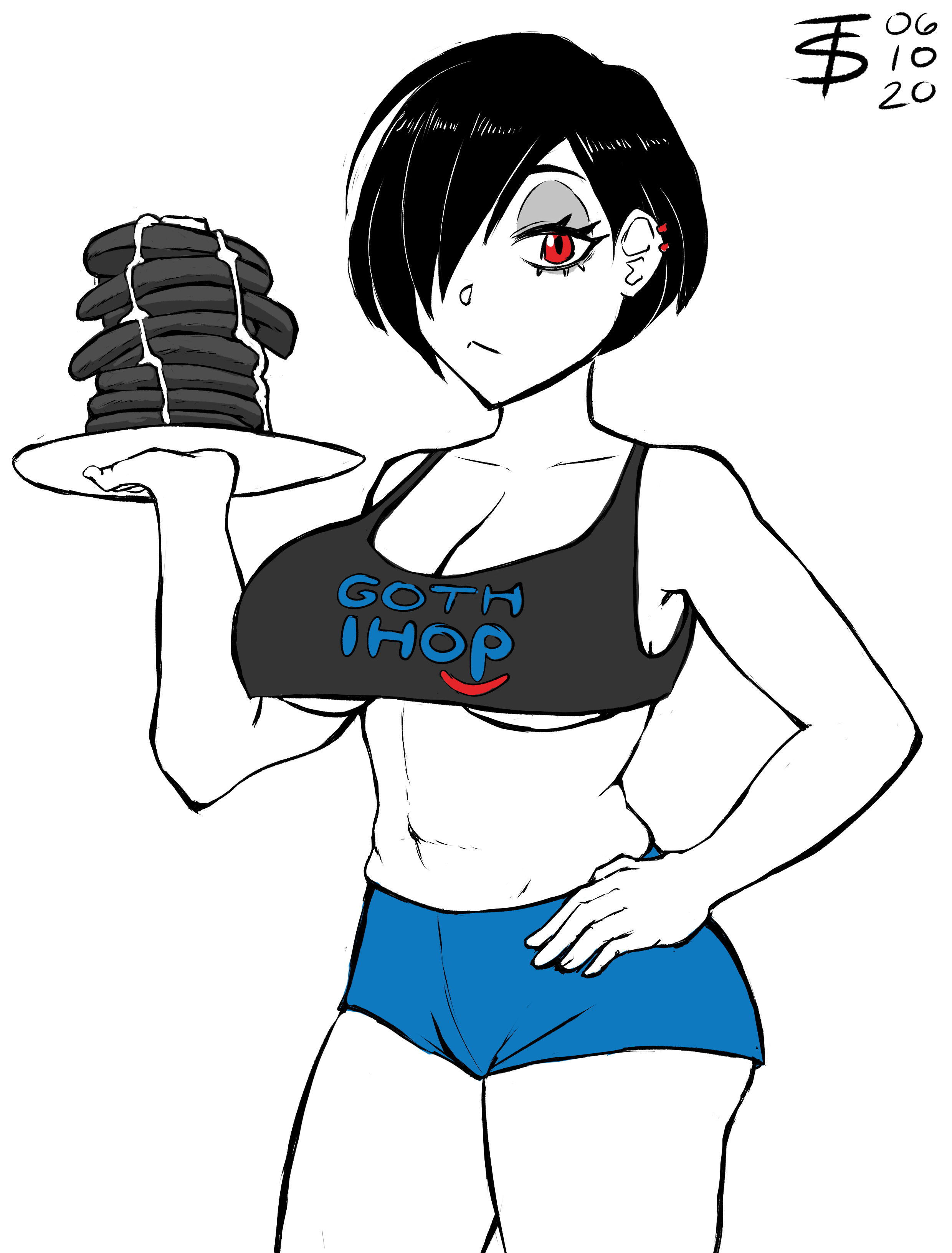 1girls, abs, artist signature, black hair, blue shorts, booty shorts, breasts, ear piercing, female, female focus, female only, food, goth, goth ihop, goth tomboy, holding object, holding plate, ihop, meme, muscular, muscular female, pancake, partially colored, piercing, plate, red eyes, short shirt, short shorts, shorts, skimpy, solo, solo female, solo focus, tomboy, tomboy sama, underboob, waitress, white background