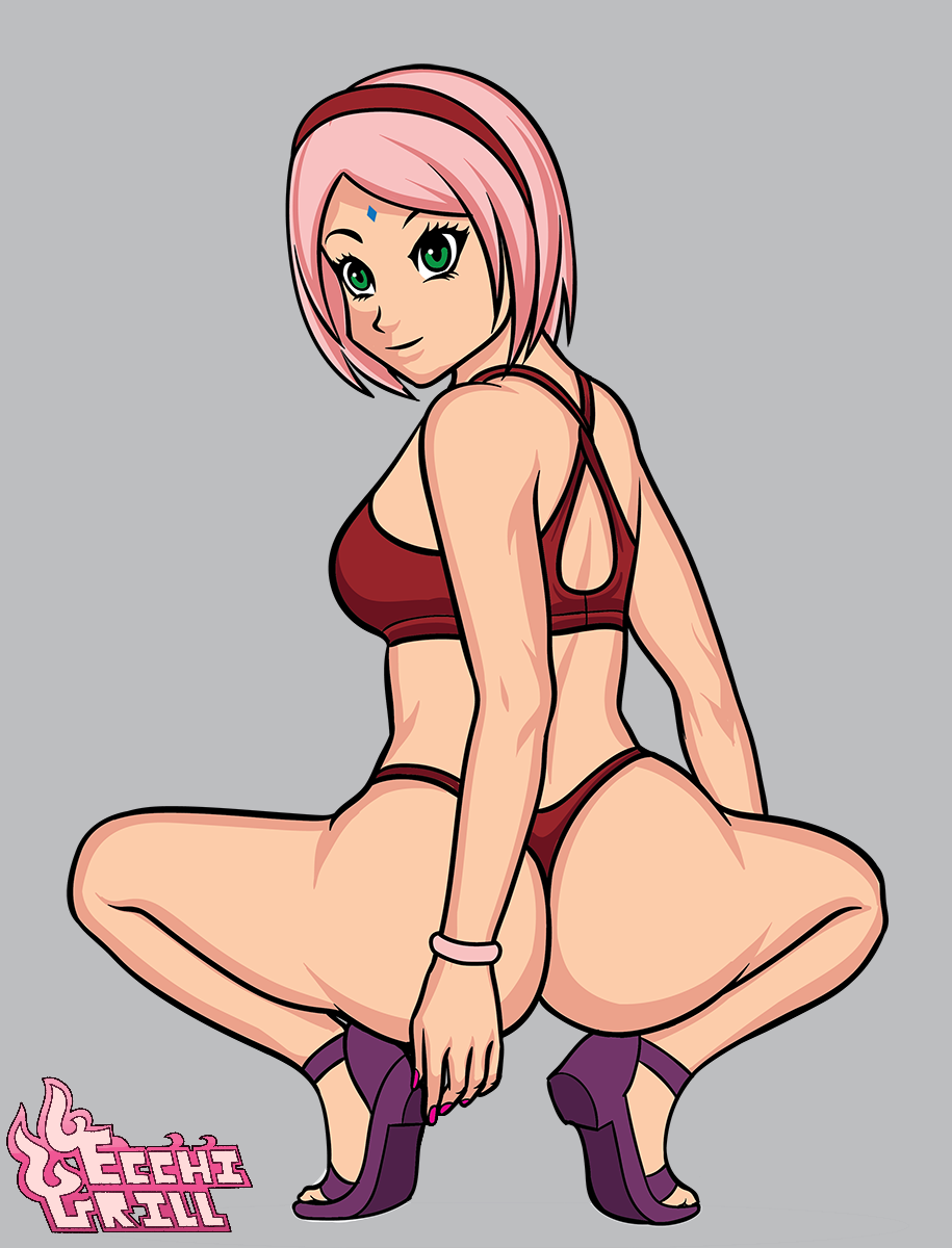 1girls ass boruto:_naruto_next_generations bra bracelet bubble_ass bubble_butt clothed clothing ecchigrill female female_only footwear forehead_jewel forehead_mark g-string green_hair headband heels mature mature_female milf nail_polish naruto naruto_(series) pale-skinned_female pale_skin panties pink_hair pose posing red_nail_polish red_nails revealing_clothes sakura_haruno sandals short_hair sitting solo solo_female solo_focus squatting thighs thong voluptuous