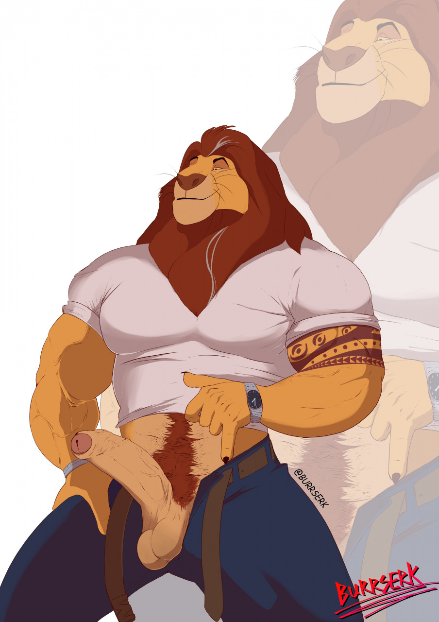 anthro bottomwear burrserk dilf disney erection felid furry genitals highres humanoid_genitalia humanoid_penis lion male male_only mammal mufasa open_bottomwear open_clothing open_pants pantherine pants penis solo tattoo testicles the_lion_king