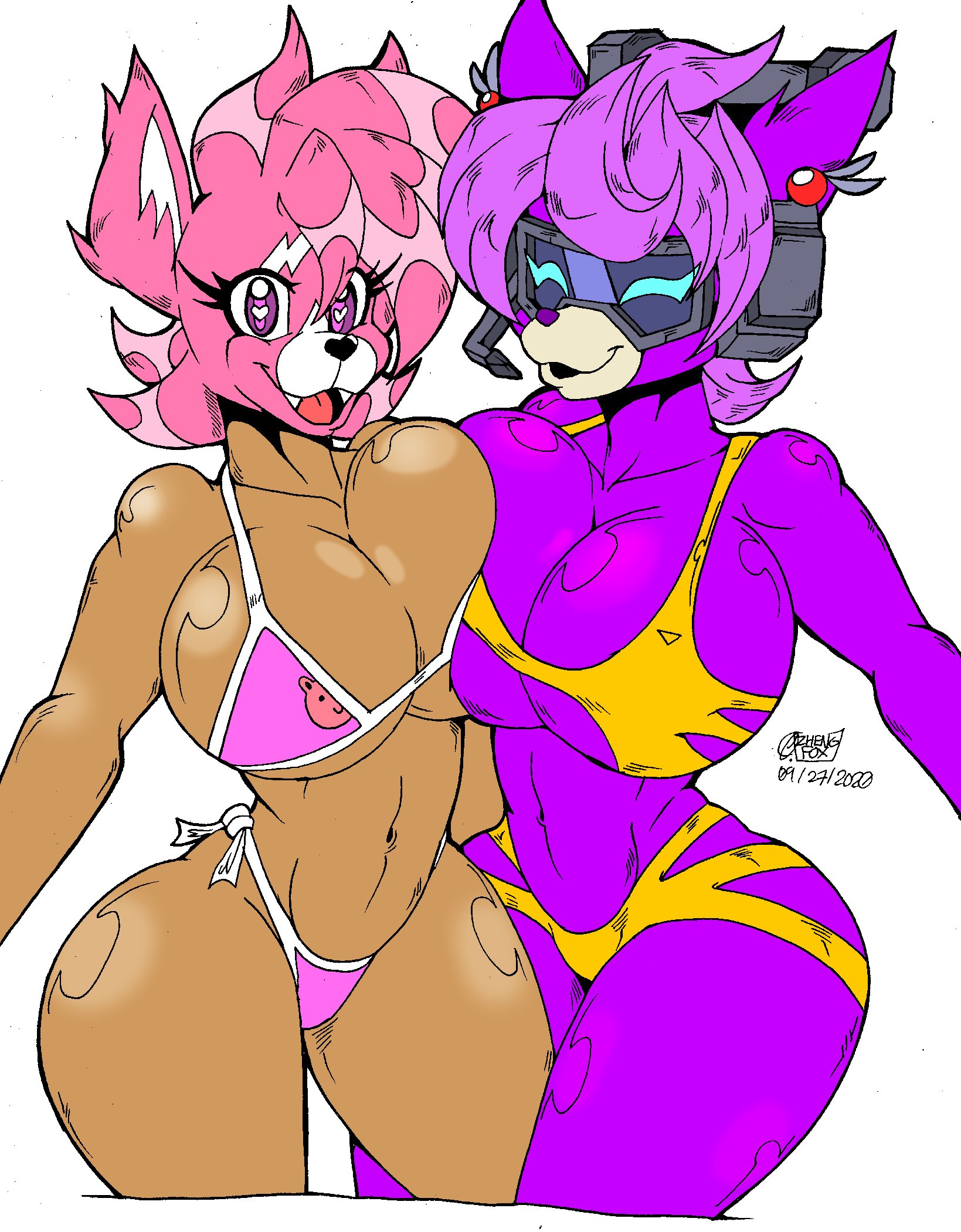 2girls, anthro, anthrofied, bikini, breasts, cuddle team leader, dj bop, female, fortnite, furry, huge breasts, pink fur, purple body, purple fur, tagme, thick thighs, zhengfox