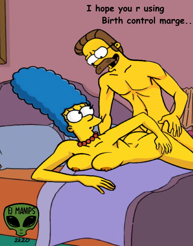 1girls 2020 caption fjm from_behind lying_on_bed marge_simpson ned_flanders sex text the_simpsons