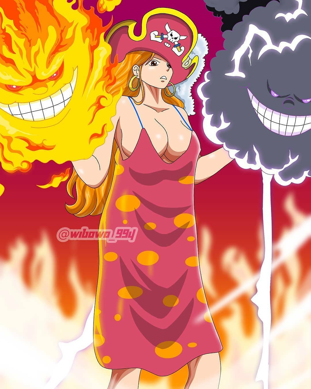 1girls artist_request charlotte_linlin_(cosplay) dress female female_only homie_(one_piece) hoop_earrings naked nami no_bra nude_female one_piece oversized_clothes prometheus_(one_piece) soru_soru_no_mi tagme zeus_(one_piece)