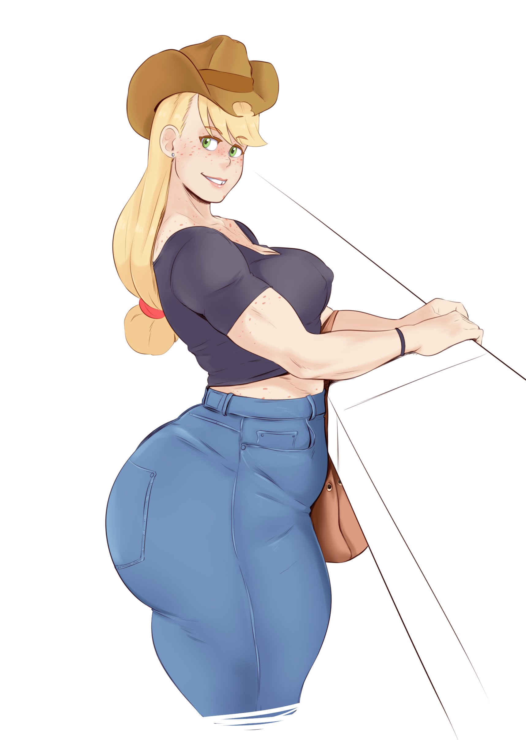1girls, 2020, applejack, applejack (mlp), ass, big ass, big butt, blonde, blonde hair, blue eyes, bottom heavy, breasts, cowboy hat, denim, denim clothing, fat ass, female, female only, freckles, friendship is magic, hasbro, hat, huge ass, jeans, large ass, long hair, looking at viewer, my little pony, my little pony friendship is magic, pants, ponytail, smooth skin, solo, solo female, sunnysundown, t-shirt, thick ass, thick thighs, tight clothes, tight clothing, tight jeans, tight pants, v-neck, voluptuous, wide hips