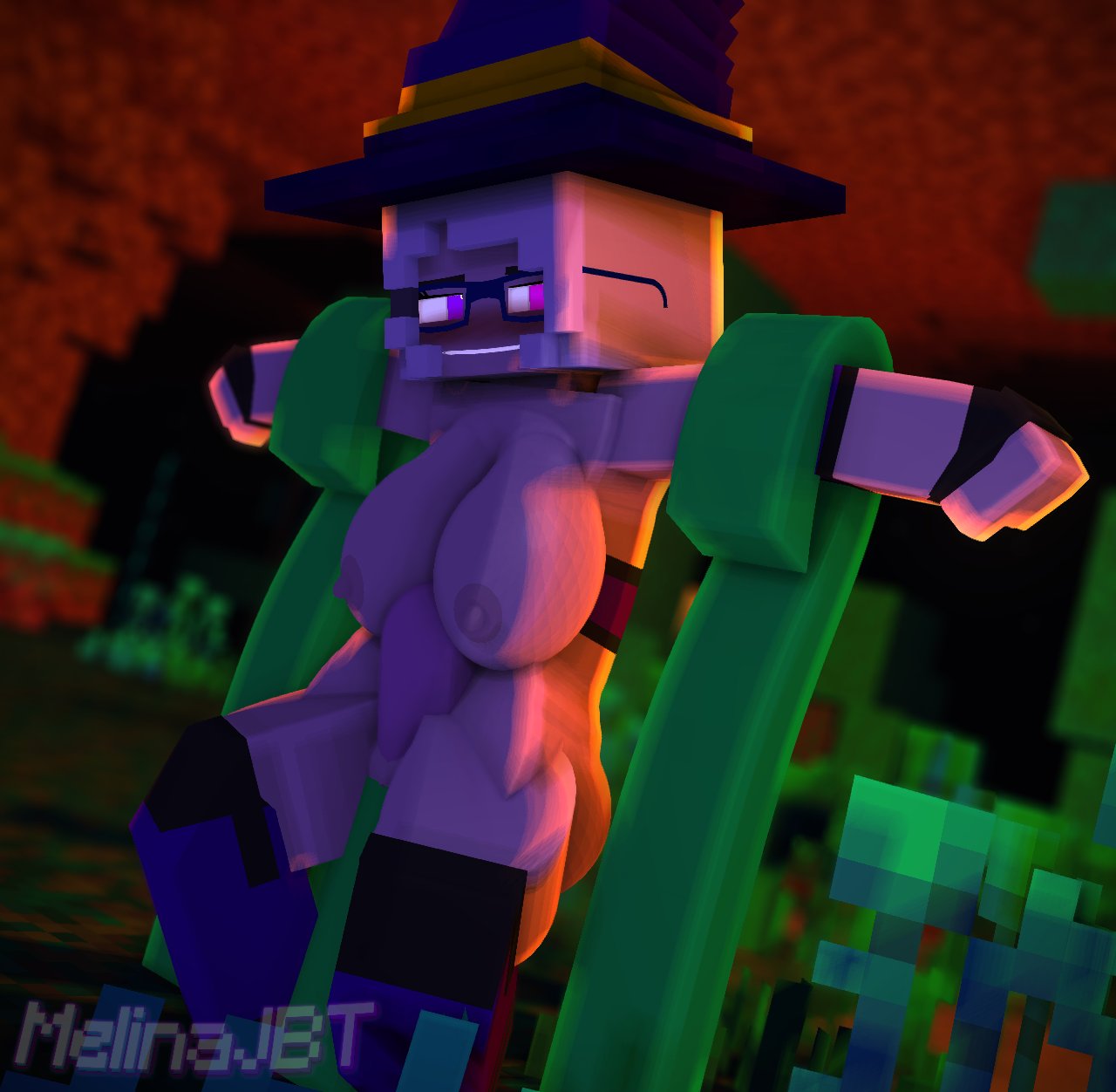 1boy, 1girls, 3d, big breasts, breasts, character, female, glasses, human, male, melanie thompson (melinajbt), melinajbt, mine-imator, minecraft, mobtalker mod, no panties, nude, purple stockings, pussy, solo, squid, tagme, tentacle, vaginal penetration, white hair, witch, witch hat