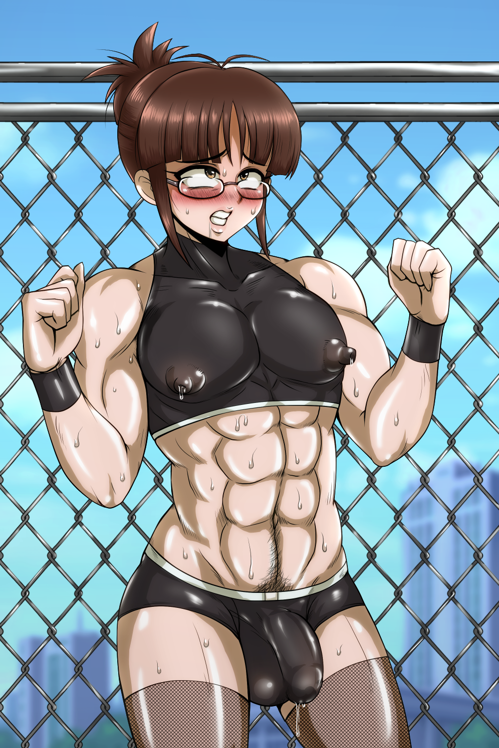 1boy ambush_(trap) braid brown_eyes brown_hair bulge clenched_teeth crop_top erect_nipples genderswap_(ftm) glasses halter_top halterneck idolmaster kodaibun_akira male_only muscle navel_hair ritsuko_akizuki rule_63 sleeveless solo solo_male teeth twin_braids underwear