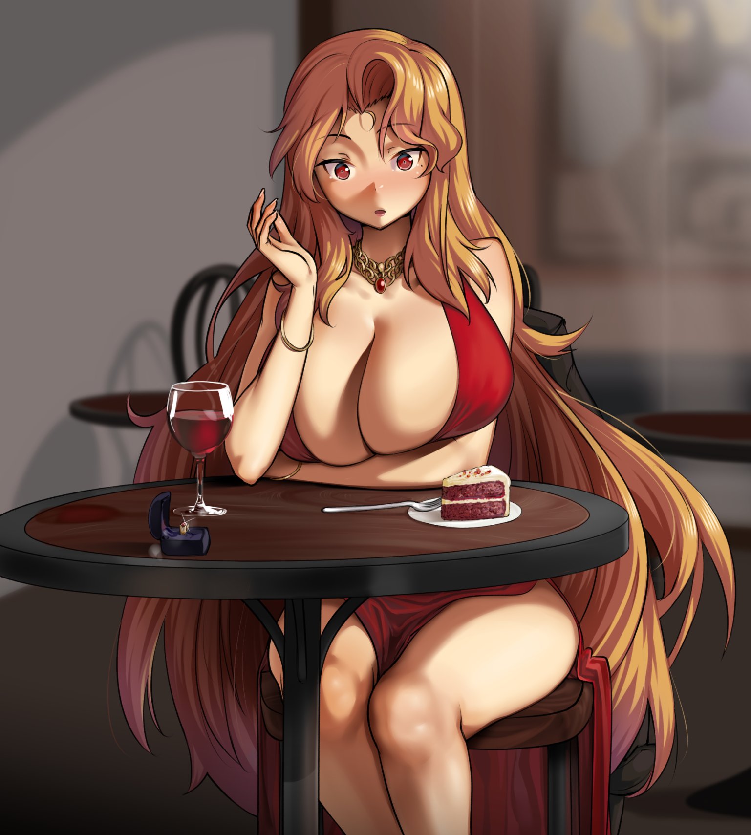 1girls, absurdly long hair, big breasts, blonde hair, blush, breasts, burakku-ra, cleavage, daidouji (senran kagura), eyebrows visible through hair, female, female only, huge breasts, large breasts, light skin, light-skinned female, looking at viewer, red dress, red eyes, senran kagura, solo, solo female, thick thighs, very long hair, wide hips