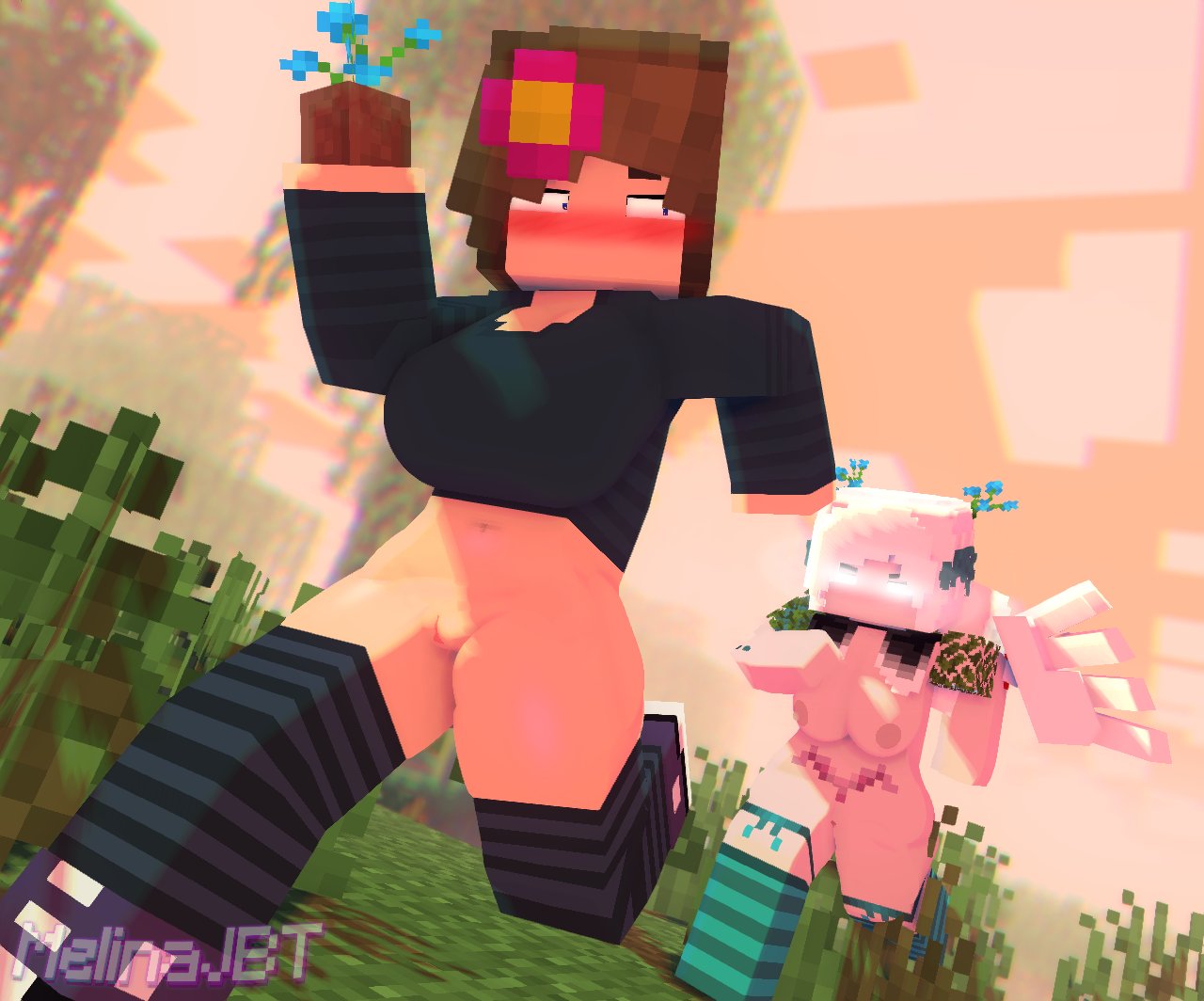 2girls, 3d, angry, blue eyes, bottomless, breasts, brown hair, casual exposure, character, emilia jungle (melinajbt), female, flower, glowing eyes, horny female, human, jenny belle (slipperyt), melinajbt, mine-imator, minecraft, no panties, oc, outdoors, running, stockings, tagme, white hair