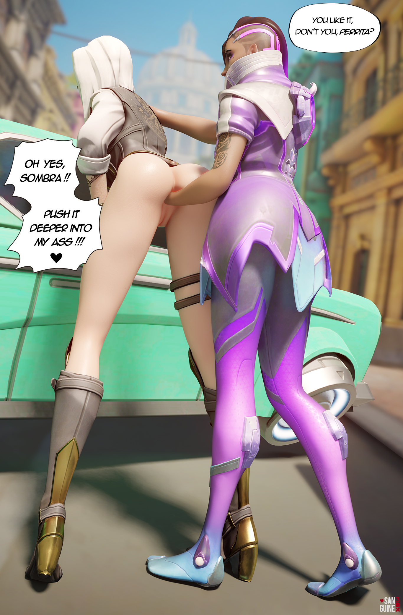 2girls, 3d, anal fisting, anal insertion, anal penetration, anal sex, ashe (overwatch), ass, blender, blizzard entertainment, clothed, clothing, dark skin, dark-skinned female, dialogue, english text, female, female only, fisting, hand on ass, heels, latina, light skin, light-skinned female, multiple females, multiple girls, overwatch, sanguine3dx, sombra, speech, speech bubble, text, white hair, yuri