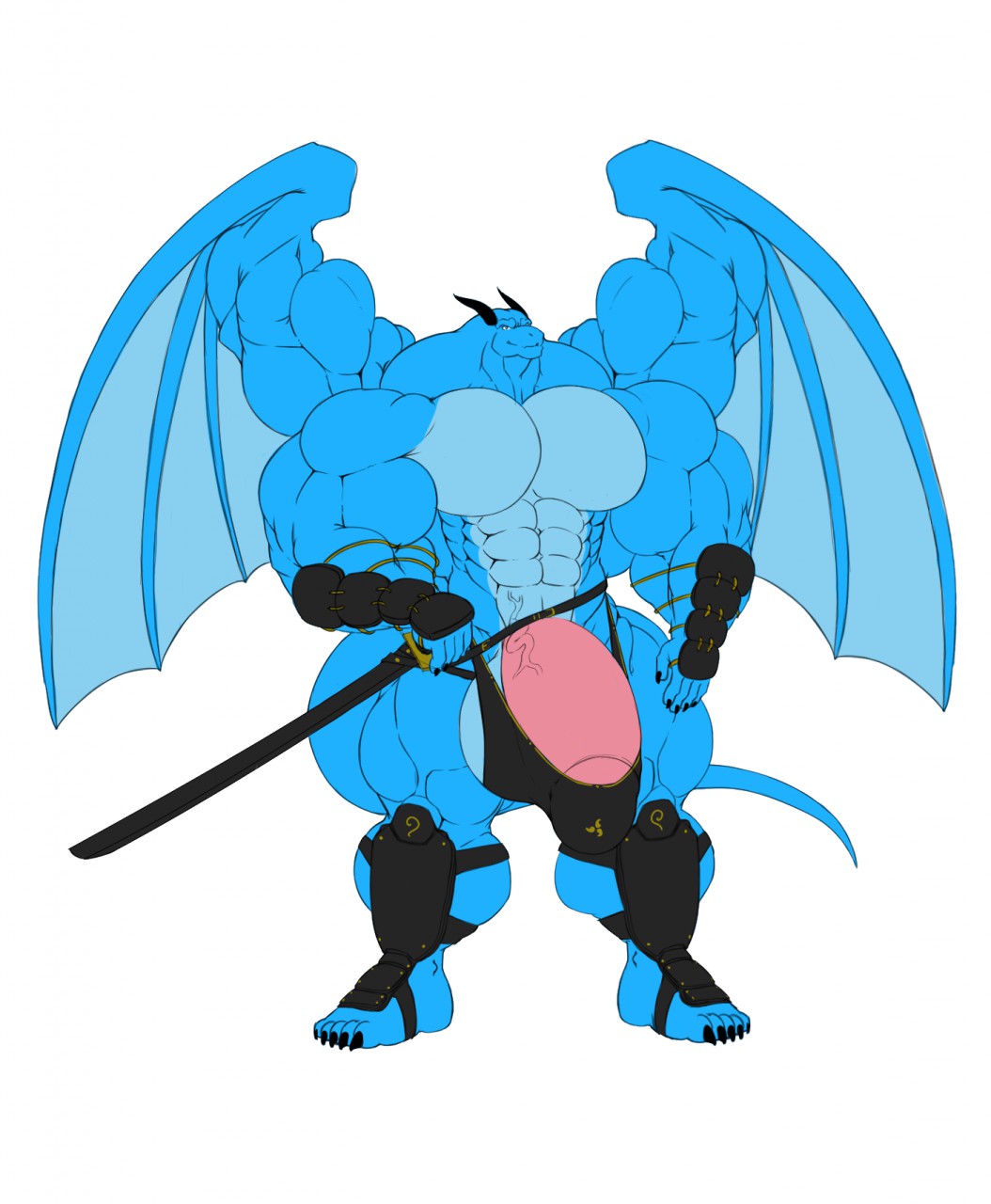 2016 5_fingers 5_toes anthro armor balls big_balls big_bulge big_muscles big_penis blue_body bulge clothing dragon fingers genitals hi_res horn huge_balls huge_bulge huge_cock huge_muscles humanoid_genitalia humanoid_penis hyper hyper_balls hyper_bulge hyper_genitalia hyper_muscles hyper_penis looking_at_viewer male male_only melee_weapon muscular muscular_anthro muscular_male navel penis pink_penis plantigrade sachiel_666 simple_background solo standing sword toes underwear vein veiny_penis weapon white_background wings