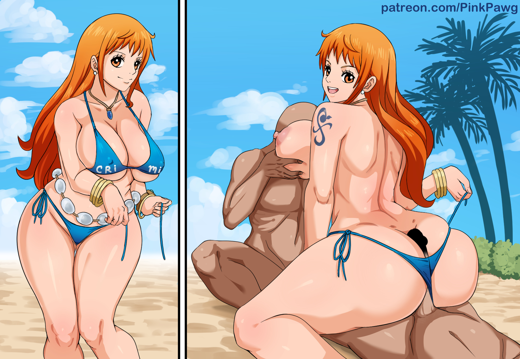 1boy, 1girls, 2boys, arm tattoo, ass, beach, big ass, big breasts, bikini, blue tattoo, breasts, brown eyes, dark skin, dark-skinned male, female, imminent sex, large breasts, looking at viewer, looking back, male, median furrow, nami (one piece), nipples, one piece, orange hair, orange-haired female, pinkpawg, reverse cowgirl position, straight, swimsuit, tattoo, tattoo on arm, tattooed arm, thick, thick thighs, thighs
