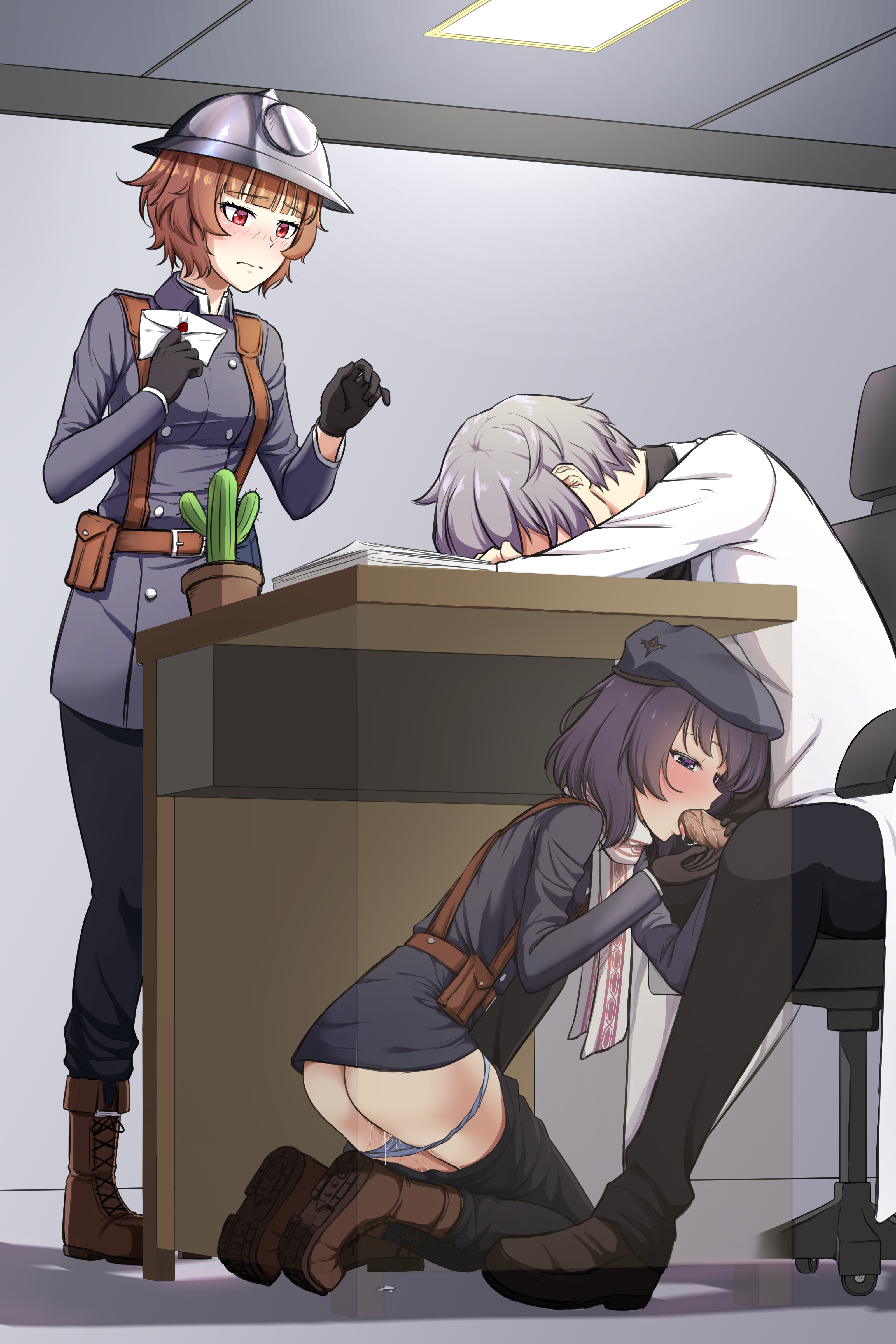 1boy, 2girls, aftersex, beret, blue hair, blush, borrowed character, brown hair, cactus, cuckquean, fellatio, female, foxhole: persistant online warfare, helmet, labcoat, letter, male, nero claudius (artist), nervous, netorare, panties around leg, penis, public sex, purple eyes, red eyes, semen, semen on body, slq, soldier, suspicious, warden infantry, warden sniper
