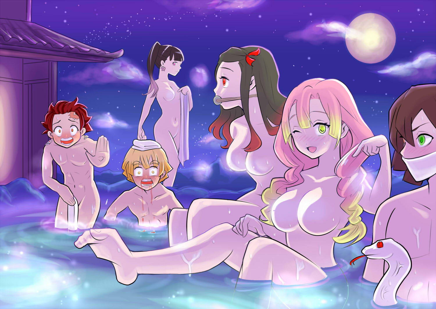 3boys, 3girls, bathing, bathing together, big breasts, black hair, black-haired female, black-haired male, blonde hair, blush, braided hair, breasts, demon slayer, female, gag, iguro obanai, kaburamaru, kamado nezuko, kamado tanjirou, kanroji mitsuri, kimetsu no yaiba, male, mixed bathing, moon, mouth mask, multiple boys, multiple females, multiple girls, multiple males, night, nosebleed, nude, onsen, outside, pink hair, pink-haired female, ponytail, small breasts, snake, steam censor, tsuyuri kanao, two-tone hair, water, wet, zenitsu agatsuma