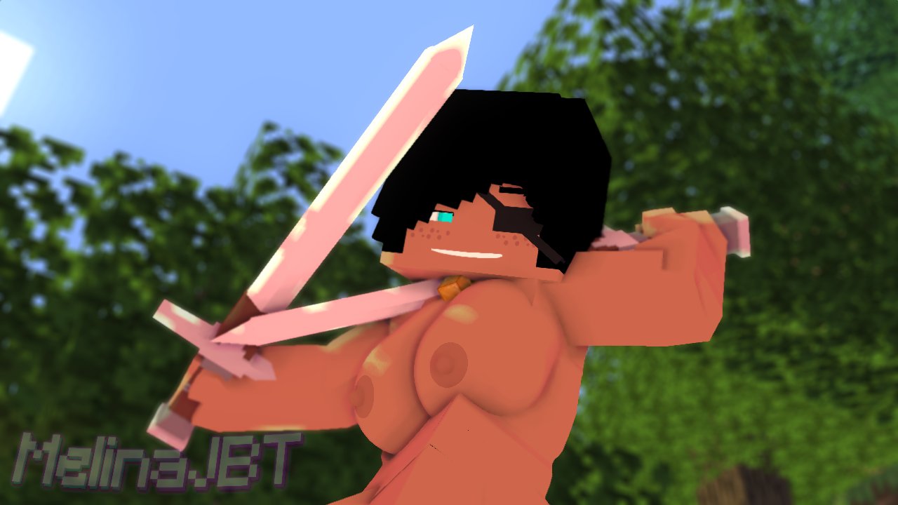 3d antonella_(melinajbt) big_breasts bisexual bisexual_female black_hair blue_eyes character crossover eyelander_(tf2) female female_only human knight melinajbt mine-imator minecraft nude outdoors outside solo sword tagme team_fortress_2 weapon