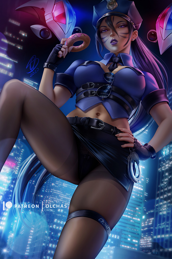 1girls, big breasts, breasts, cleavage, clothed, clothing, cosplay, earrings, facial markings, female, female focus, female only, femdom, fingerless gloves, holding object, kai'sa, large breasts, league of legends, light skin, light-skinned female, lipstick, looking at viewer, looking down, makeup, midriff, olchas, police, police hat, police uniform, purple lipstick, riot games, solo, solo female, thigh strap, upskirt