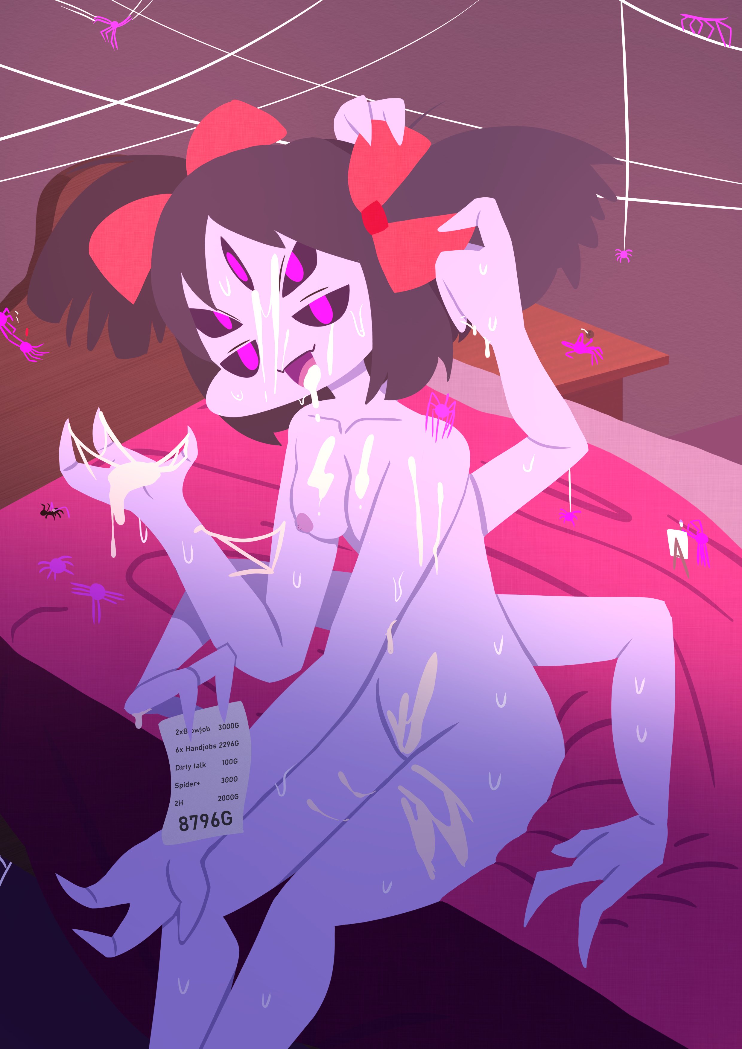 1girls, 6 arms, bed, cum, cum everywhere, cum on body, english text, female, female only, muffet, multi arm, multi eye, multi limb, nude, nude female, silverplatin, solo, spider girl, sweat, text, undertale