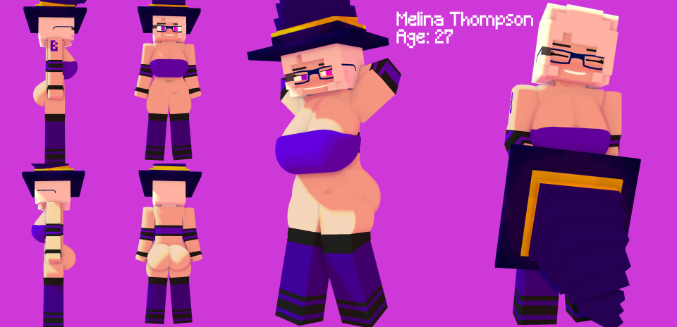 1girls, 3d, ass, big ass, big breasts, big butt, bottomless, breasts, character, character sheet, female, female only, glasses, human, melanie thompson (melinajbt), melinajbt, mine-imator, minecraft, no panties, purple stockings, pussy, solo, tagme, white hair, witch, witch hat