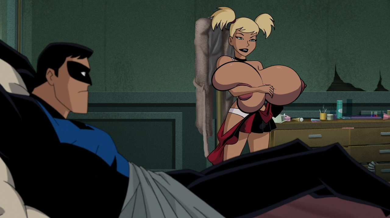 1boy, 1girls, alternate breast size, batman (series), batman and harley quinn, big breasts, breast squeeze, breasts, dc, dc comics, dcau, dick grayson, edit, female, giant breasts, gigantic breasts, harleen quinzel, harley quinn, huge breasts, hyper breasts, illis, male, nightwing, nipples, panties, screencap, screenshot edit, superhero costume, tied to bed, tied up