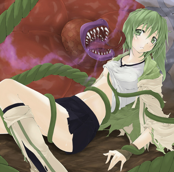 boots breasts charmers green_eyes green_hair midriff rafflesia rafflesia_seduction rape saliva seductive shirt_lift sitting tentacle tongue torn_clothes underboob wynn wynn_the_wind_charmer yu-gi-oh! yuu-gi-ou