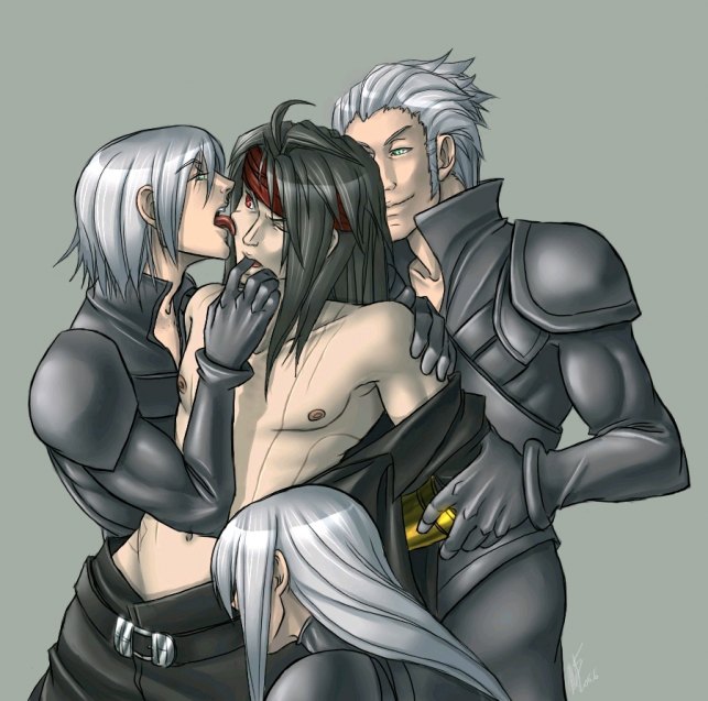 armor final_fantasy final_fantasy_vii final_fantasy_vii_advent_children finger_in_another's_mouth gloves kadaj leather leather_clothing leather_gloves licking licking_cheek licking_face loz male_only vincent_valentine yazoo