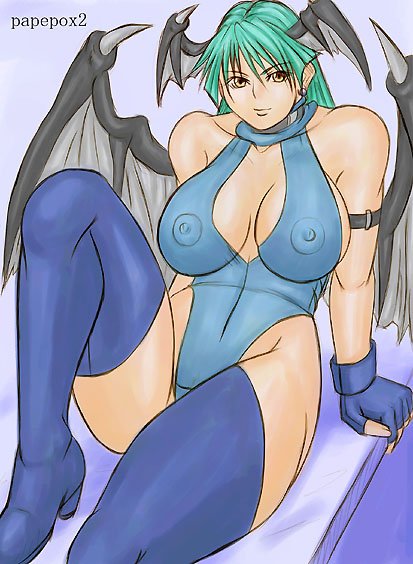 blair_dame clothing cosplay darkstalkers erect_nipples erect_nipples_under_clothes large_breasts morrigan_aensland papepox2 stockings street_fighter_ex video_games