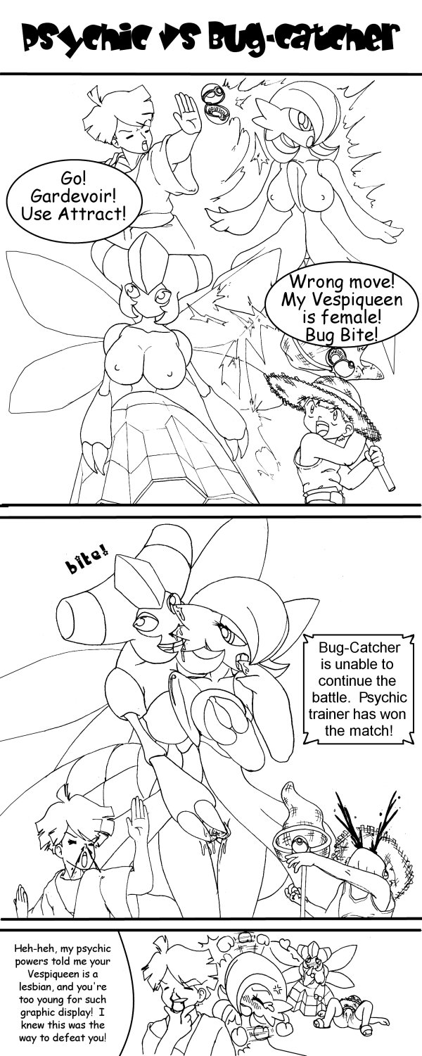 breasts bug_catcher comic empty_(artist) female female_gardevoir female_pokemon funny gardevoir highres humor long_image monochrome multiple_girls nintendo nosebleed npc_trainer personification pokemon pokemon_(species) pokemon_rse psychic_(pokemon) psychic_(pokemon_gsc) tall_image vespiquen yuri