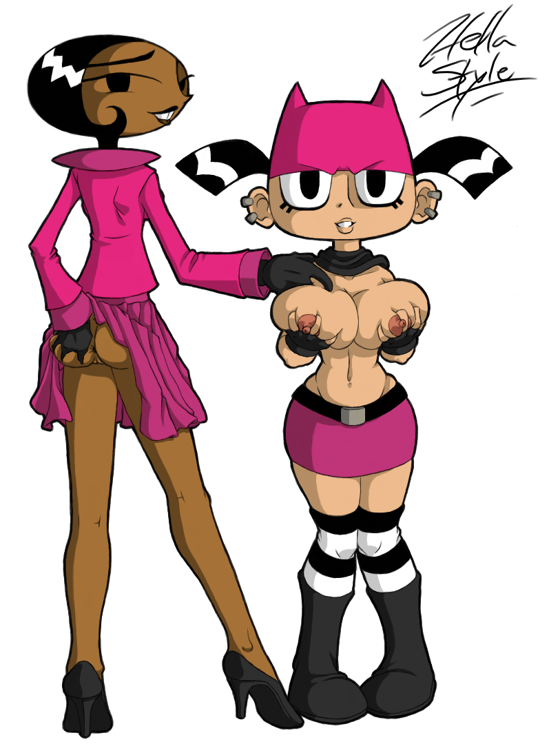 2009 2girls big_breasts bottomless breasts brit_crust chocolate_and_vanilla color cousins dark-skinned_female female female_only hellahellastyle high_heels makeup mob_face multiple_girls my_life_as_a_teenage_robot nickelodeon smooth_skin standing teenager tiff_crust topless