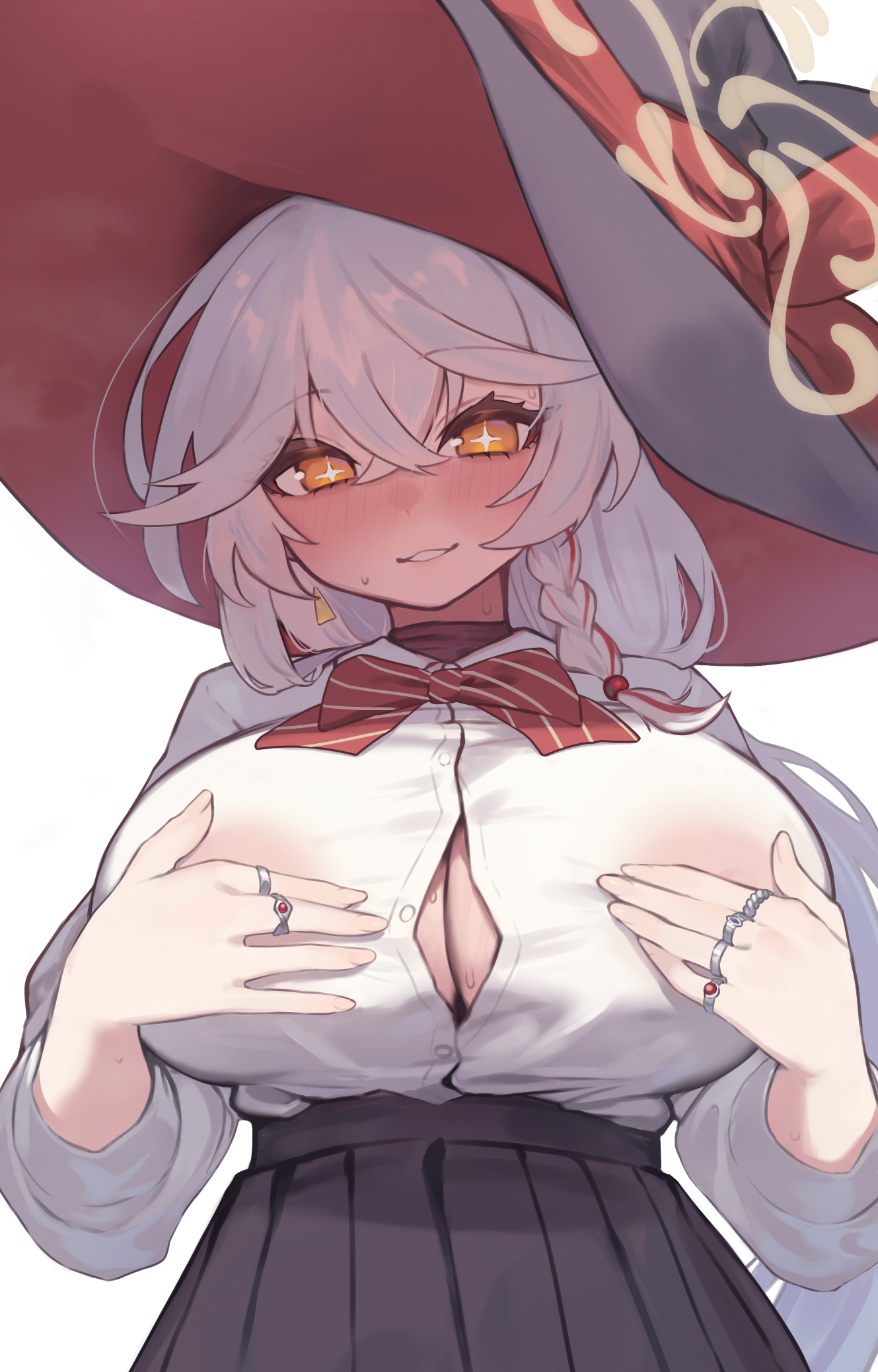 1girls, black hat, black skirt, blue archive, bow, bowtie, braid, breasts, covering breasts, covering privates, eri (blue archive), female, grin, hair between eyes, halo, hat, highres, jewelry, large breasts, looking at viewer, multiple rings, no bra, no bra under clothes, offering paizuri, partially unbuttoned, pleated skirt, presenting cleavage, red bow, red bowtie, ring, shirt, shirt tucked in, side braid, simple background, skirt, smile, solo, totorosu, white background, white hair, white shirt, witch hat, yellow eyes, yellow halo