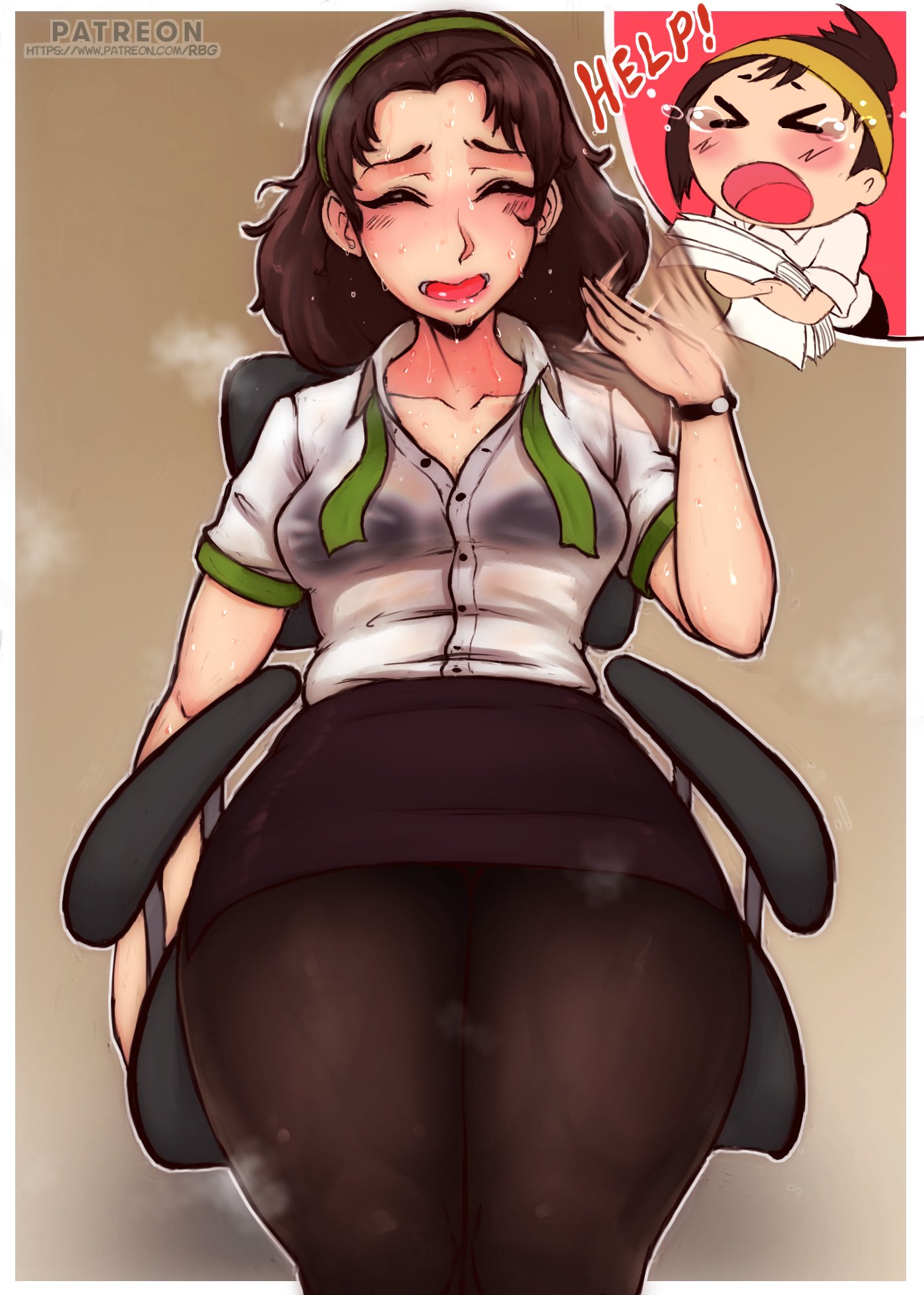 2girls, blush, female, female only, handler (monster hunter world), monster hunter, monster hunter world, musk, office lady, pantyhose, randomboobguy, see-through, serious handler, smell, solo, solo focus, steamy, sweat, sweaty, thick thighs, wide hips