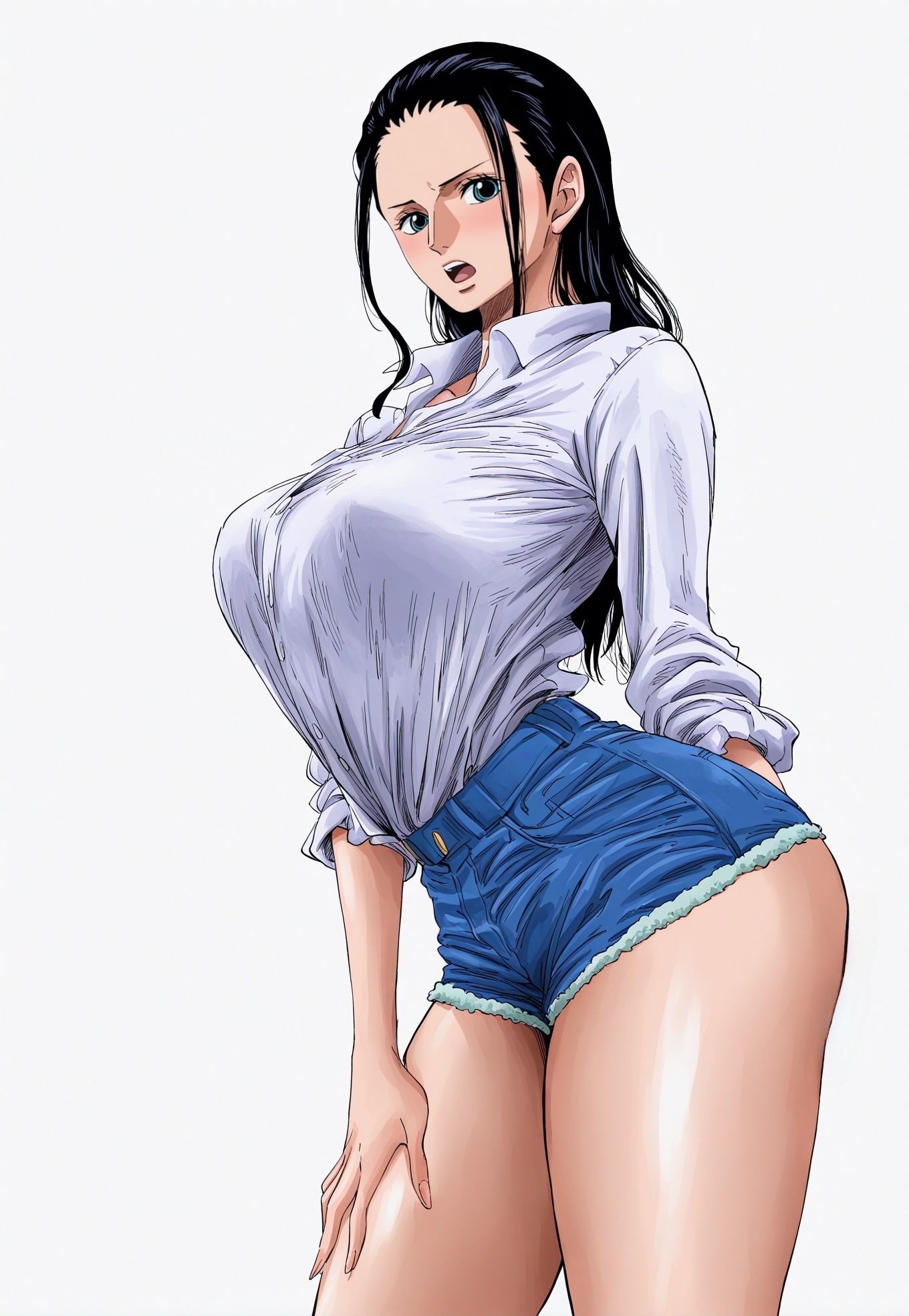 ai generated, awkward, beautiful legs, big breasts, big legs, clothing, fat legs, female, female only, looking at viewer, nico robin, one piece, open mouth, posing, shorts, wide hips, yashin