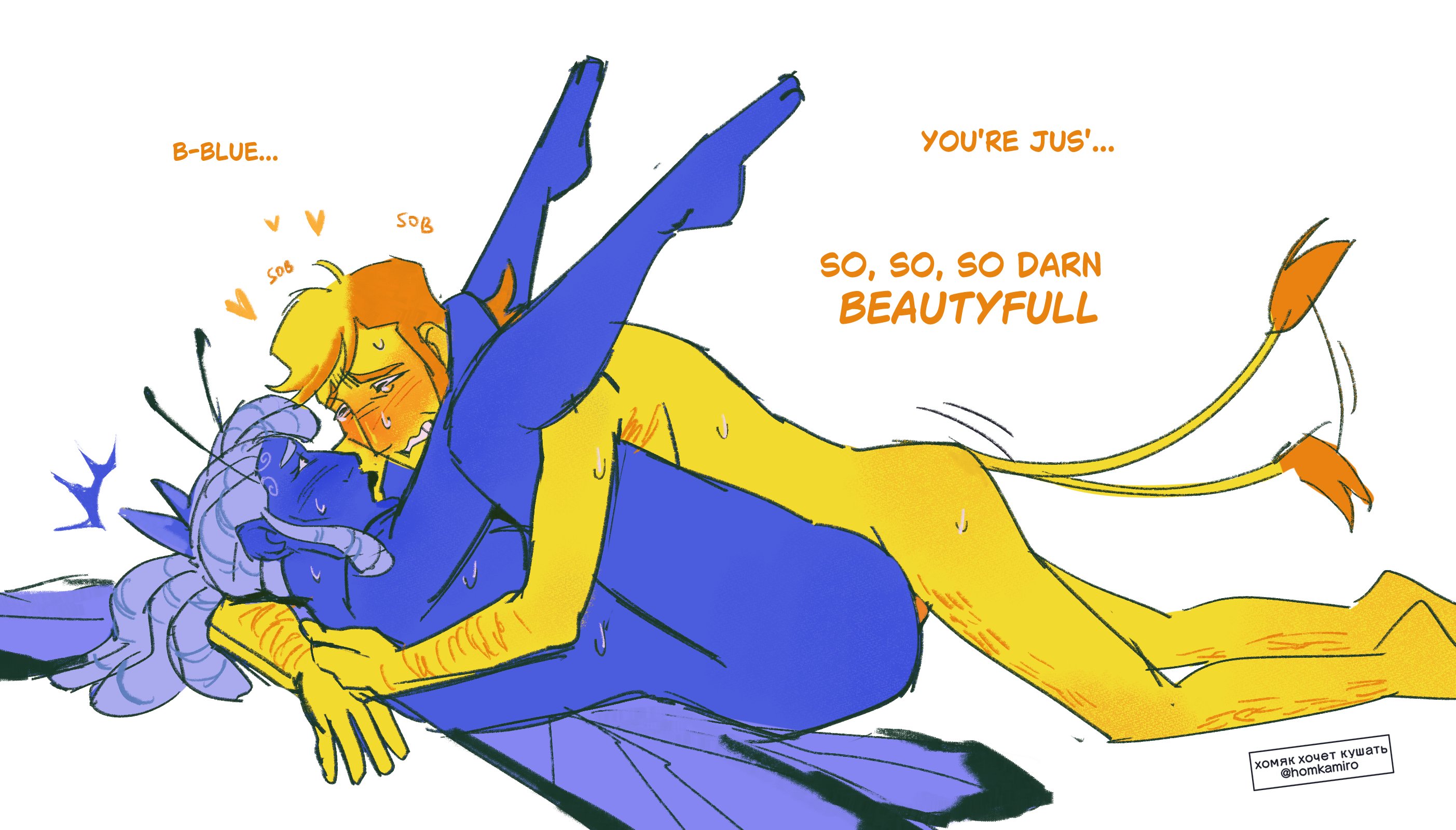 anal, anal penetration, anal sex, antennae, antennae (anatomy), arm hair, blue (deltarune), blue body, blue hair, blue skin, blush, blushing, blushing at partner, blushing male, boyfriend, boyfriends, butterfly, butterfly wings, canon couple, couple, couple (romantic), couple sex, cow tail, crying, crying male, deltarune, deltarune chapter 5, femboy, feminine male, gay, hair, hairy, hairy arms, hairy legs, hairy male, in love, leg hair, love, love making, making love, male, male only, male penetrated, male penetrating, male penetrating male, male/male, mating press, penetration, romance, romantic, romantic couple, romantic sex, sex, side view, sub top, submissive, submissive male, submissive top, tail, tears, wings, yaoi, yellow (deltarune), yellow body, yellow hair, yellow skin