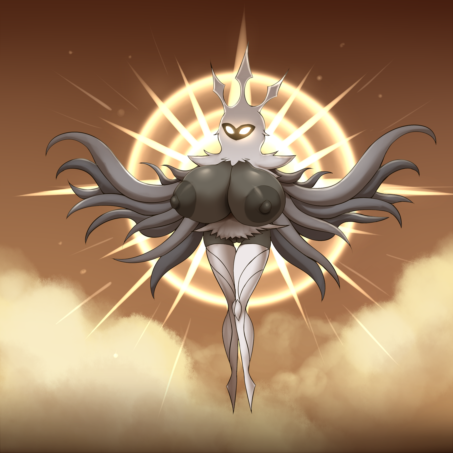 2020, anthro, arthropod, big breasts, bottomless, breast expansion, breast growth, breast growth (enlargement), breasts, clothed, clothing, cloudscape, dark skin, empty eyes, expansion, exposed breasts, fecharis, female, fur, genitals, glowing, glowing eyes, hi res, hollow knight, insects, lepidopteran, metachoke, moth, nipples, no artist signature, non-mammal breasts, pussy, radiance (hollow knight), sky, solo, team cherry, video games, white body, white fur, wide hips