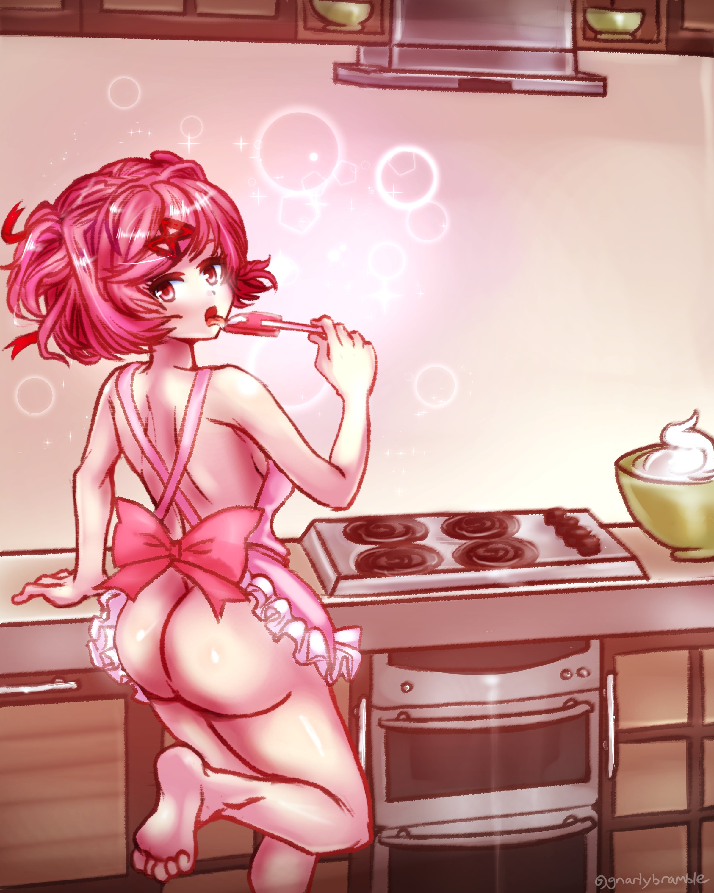 1girls, apron, ass, backless outfit, bubble ass, bubble butt, doki doki literature club, female, female only, gnarlybramble, looking back, natsuki (doki doki literature club), pink hair, spatula