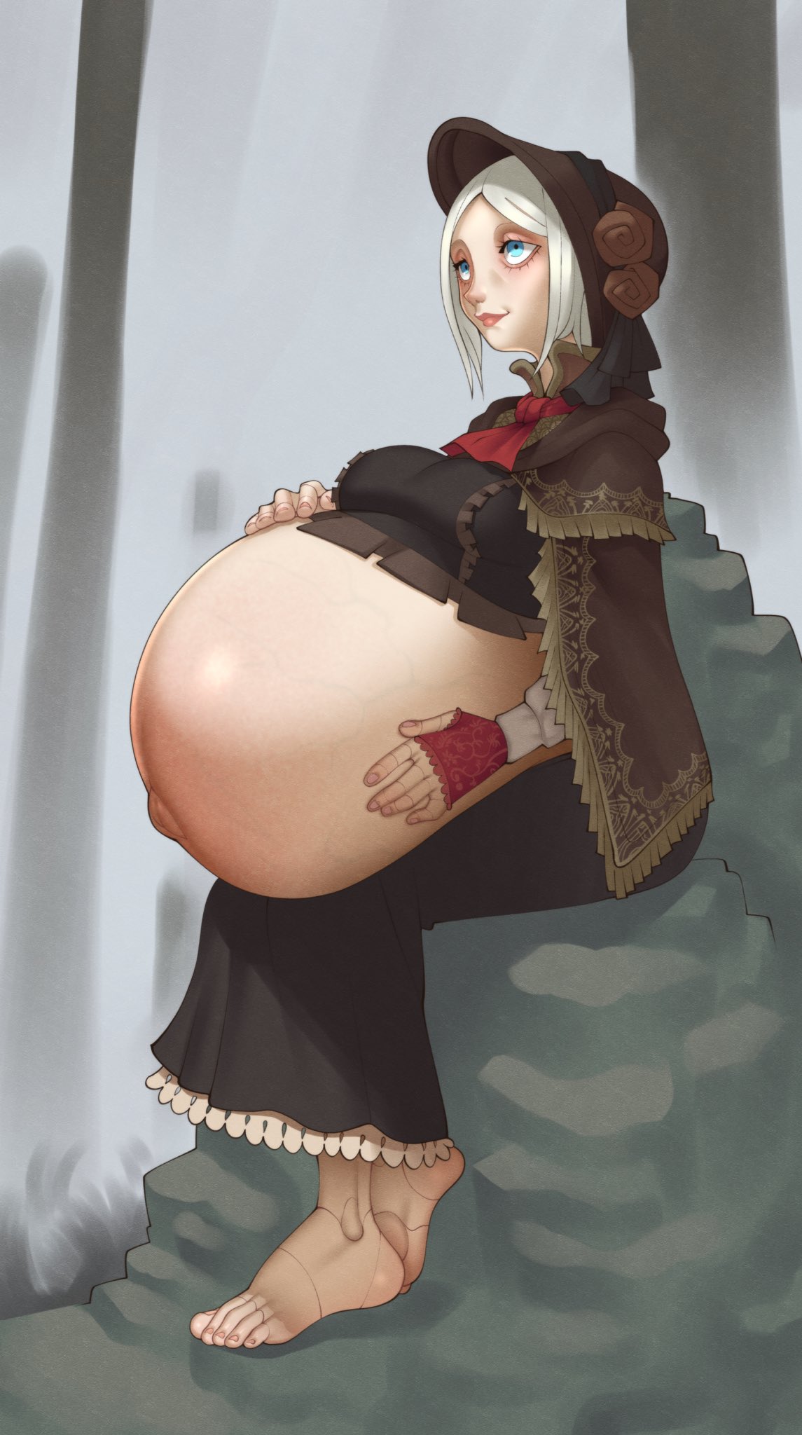 1girls, barefoot, big breasts, bloodborne, blue eyes, bonnet, cape, cloak, doll, doll joints, feet, female, female only, fingerless gloves, footwear, fromsoftware, full body, gloves, hellbrain, holding belly, huge belly, hyper, hyper belly, hyper pregnancy, lolita fashion, outie navel, plain doll, platinum blonde hair, pregnant, reddened belly, sitting, smile, solo, solo female, veiny belly, victorian, white hair
