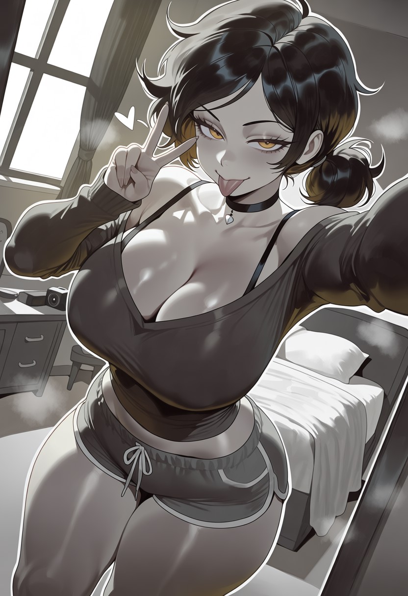 1girls ai_generated ashley_graves bedroom big_ass big_breasts black_shirt bra_strap bra_straps breasts choker dug-lith-pls grayscale heart large_ass large_breasts midriff midriff_peek monochrome peace_sign ponytail selfie shiny_skin shorts solo tagme the_coffin_of_andy_and_leyley thick_thighs v_sign