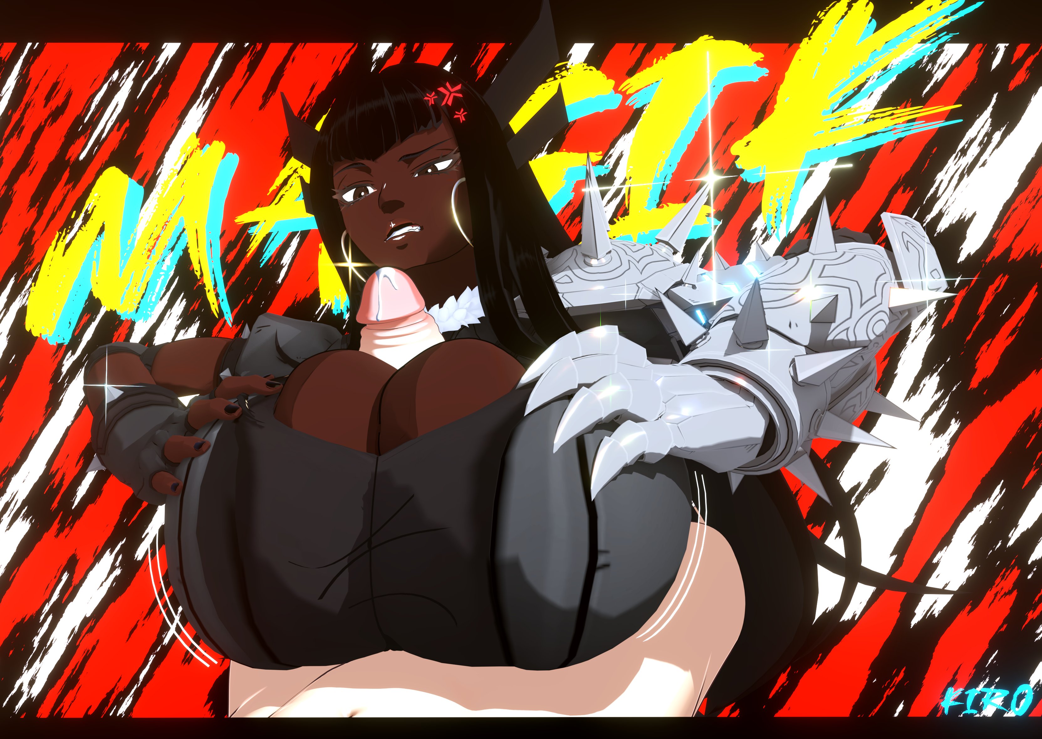 1boy, 1girls, 2026, 3d, alternate skin color, alternate version available, annoyed, annoyed expression, annoyed female, artist signature, black hair, black magic, black-haired female, blackwashed, breasts, breasts pressed together, brown eyes, brown skin, brown-eyed female, brown-skinned female, cleavage, cleavage cutout, clothed, clothed female, clothed paizuri, clothing, cum, cum leaking out of penis, dark skin, dark-skinned female, earrings, female, hands on own breasts, hands on own chest, hi res, huge breasts, human, human female, human male, human only, jiggling breasts, kiro93591529, large penis, light skin, light-skinned male, long hair, long-haired female, magik (illyana rasputin), magik (marvel tokon), male, male/female, marvel, marvel comics, marvel tokon: fighting souls, motion lines, mutant (marvel), paizuri, paizuri under clothes, partial male, penis, penis between breasts, race swap, straight, superhero costume, superheroine, titjob, upper body