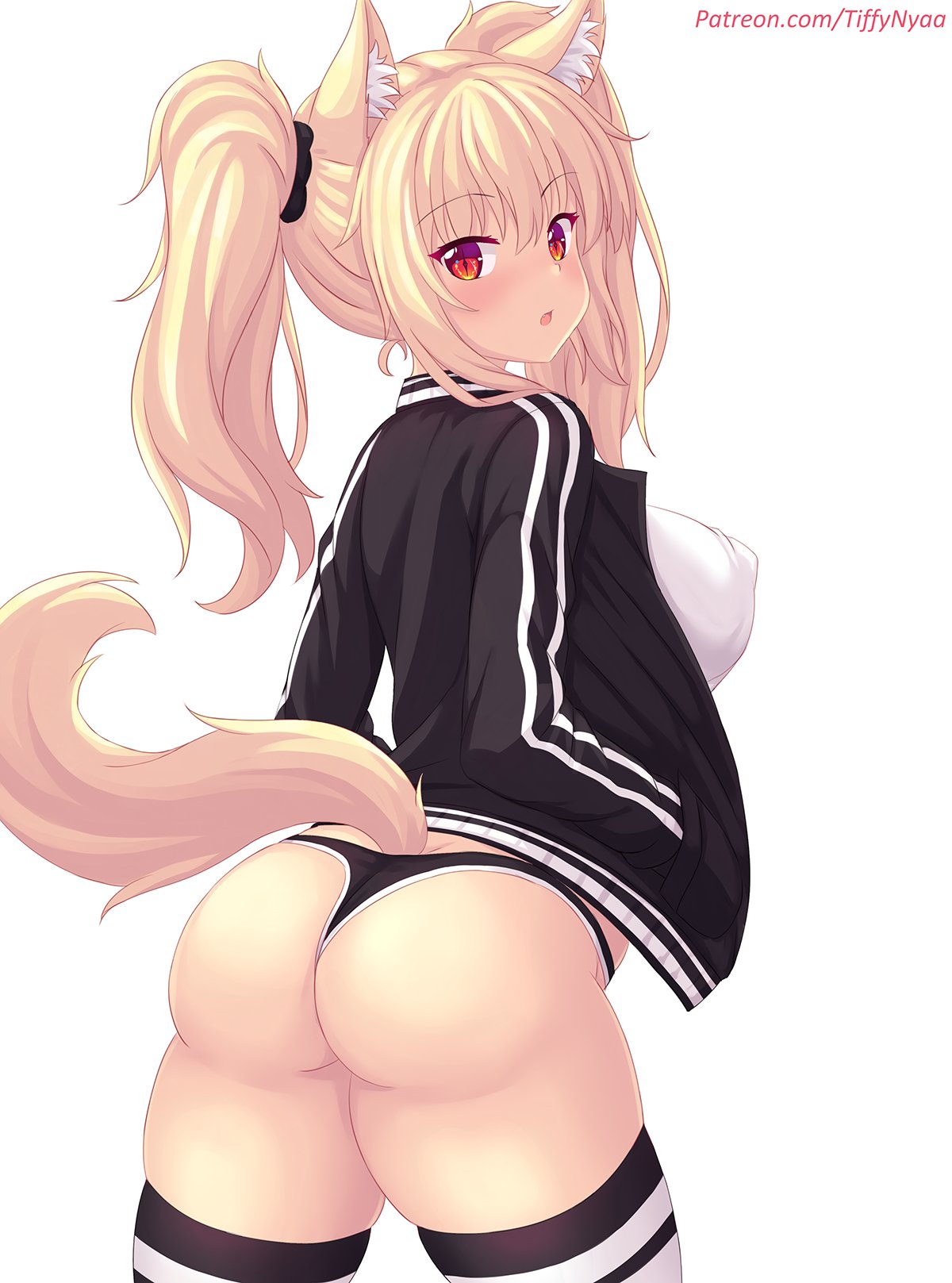 ass, blonde hair, blush, breasts, cat ears, cat tail, female, from behind, huge ass, large breasts, long hair, looking at viewer, open mouth, original, ponytail, red eyes, shiny, shiny hair, shiny skin, short shorts, shorts, sideboob, solo, tail, tiffy, tiffynyaa
