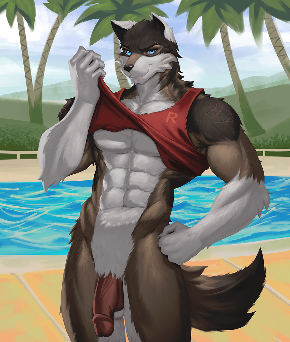 abs anthro beach blue_eyes canid canine canis furry genitals highres male male_only mammal penis rakan_(werewolf) rerepop seaside water were werecanid werecanine werewolf wolf