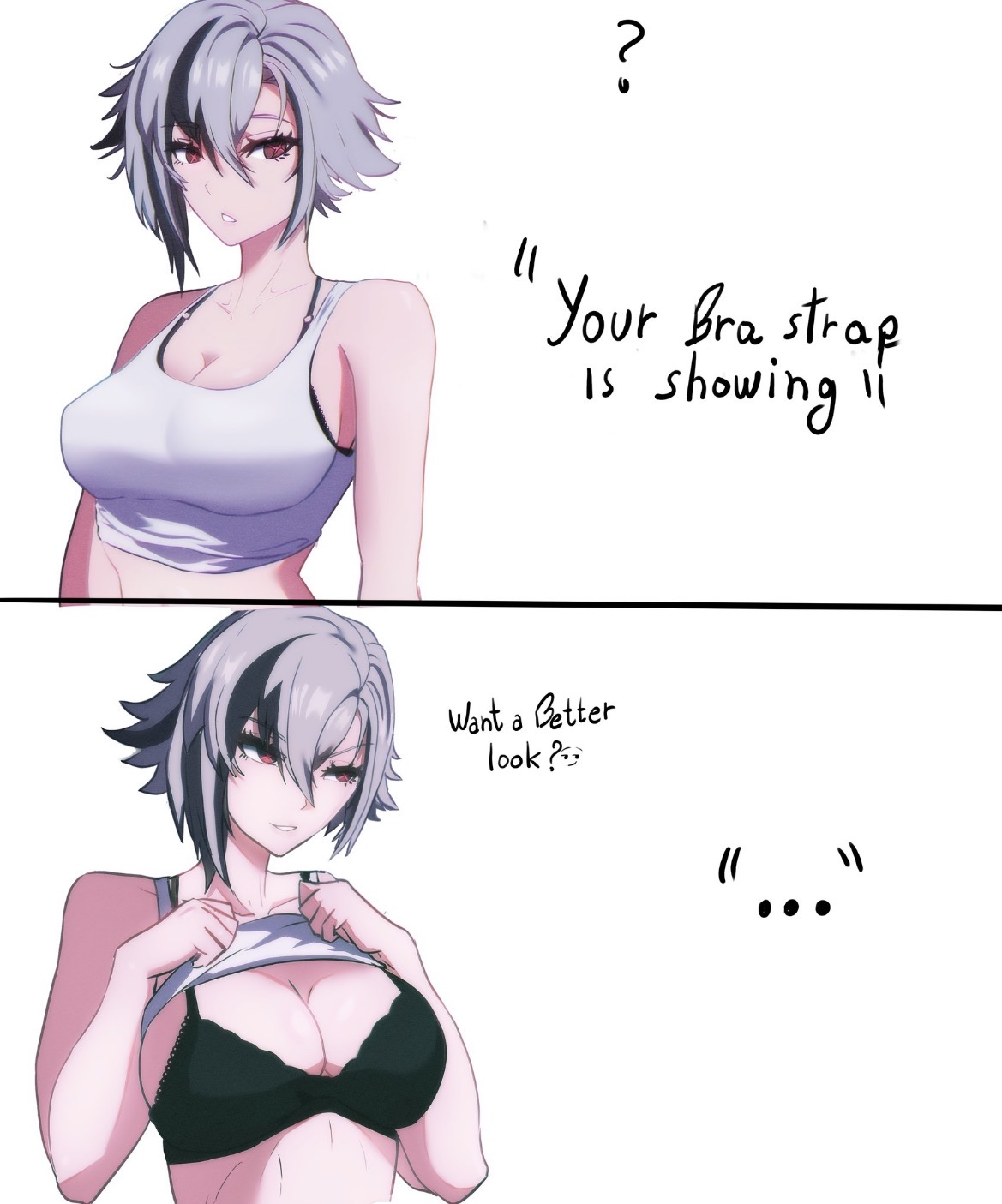 arlecchino (genshin impact), big breasts, black and white hair, bra, bra strap is showing (meme), busty, busty female, cleavage, cleavage overflow, genshin impact, hair between eyes, lifting shirt, out of character, shirt lift, talking to viewer