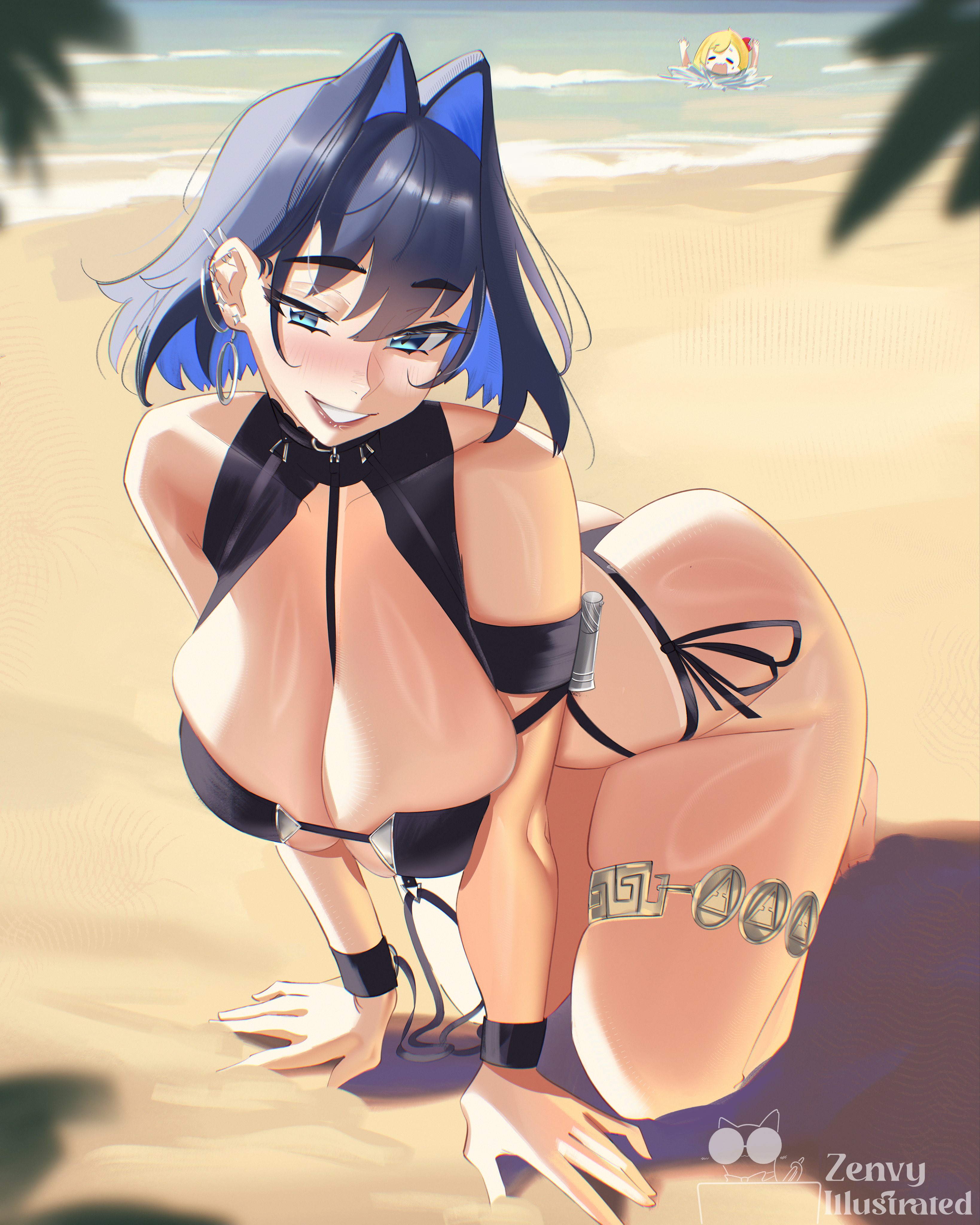 2girls, breasts, female, female only, hololive, hololive english, hololive indonesia, kaela kovalskia, large breasts, light skin, light-skinned female, ouro kronii, solo, thick thighs, thighs, virtual youtuber, white background, wide hips, zenvy